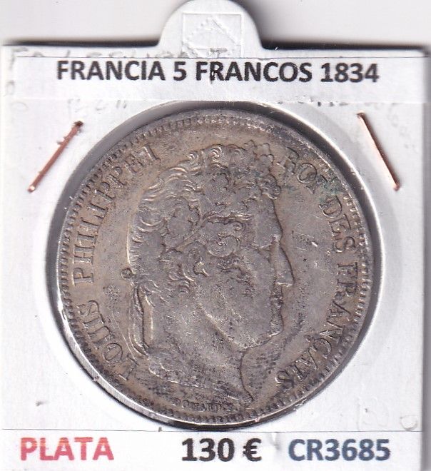 CR3685 CR3685 MONEDA FRANCIA 5 FRANCOS 1834 LUIS FELIPE I TOULOUSSE PLATA - Imagen 1