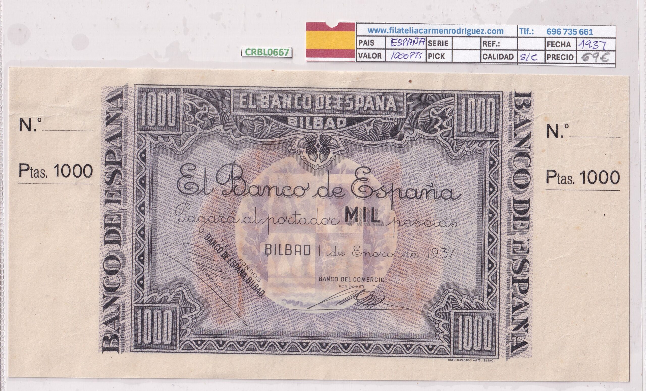 CRBL0667-1.jpg CRBL0667 BILLETE ESPAÑA BILABO 1000 PESETAS 1937 SIN CIRCULAR - Imagen 1