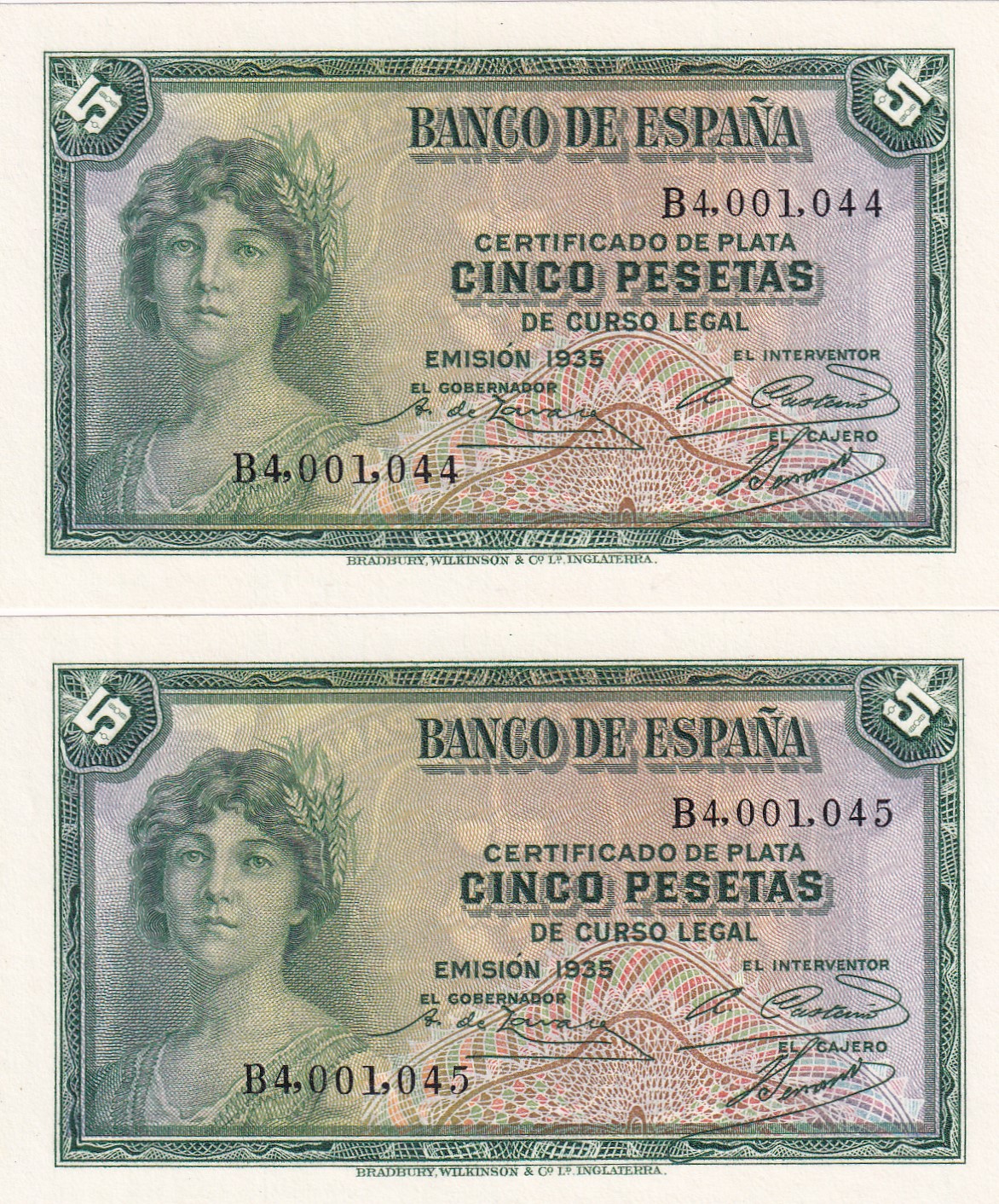 CRBS3139 CRBS3139 PAREJA CORRELATIVA BILLETES ESPAÑA 5 PESETAS EMISION 1935 SERIE B S/C - Imagen 1