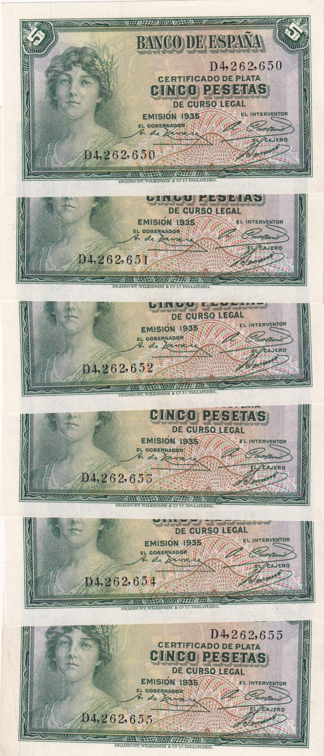 CRBS3141 CRBS3141 LOTE 6 BILLETES CORRELATIVOS ESPAÑA 5 PESETAS EMISION 1935 SERIE D S/C - Imagen 1