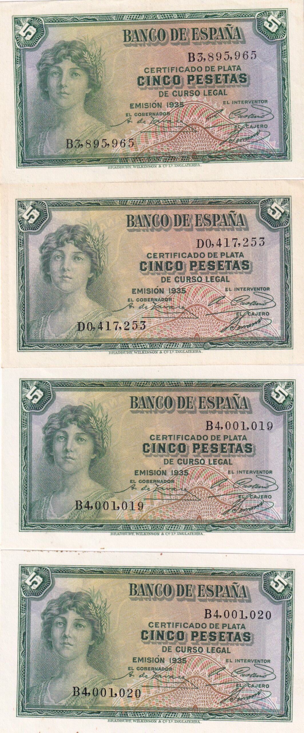 CRBS3142 CRBS3142 LOTE 4 BILLETES CORRELATIVOS ESPAÑA 5 PESETAS EMISION 1935 SERIE B S/C S/C- - Imagen 1