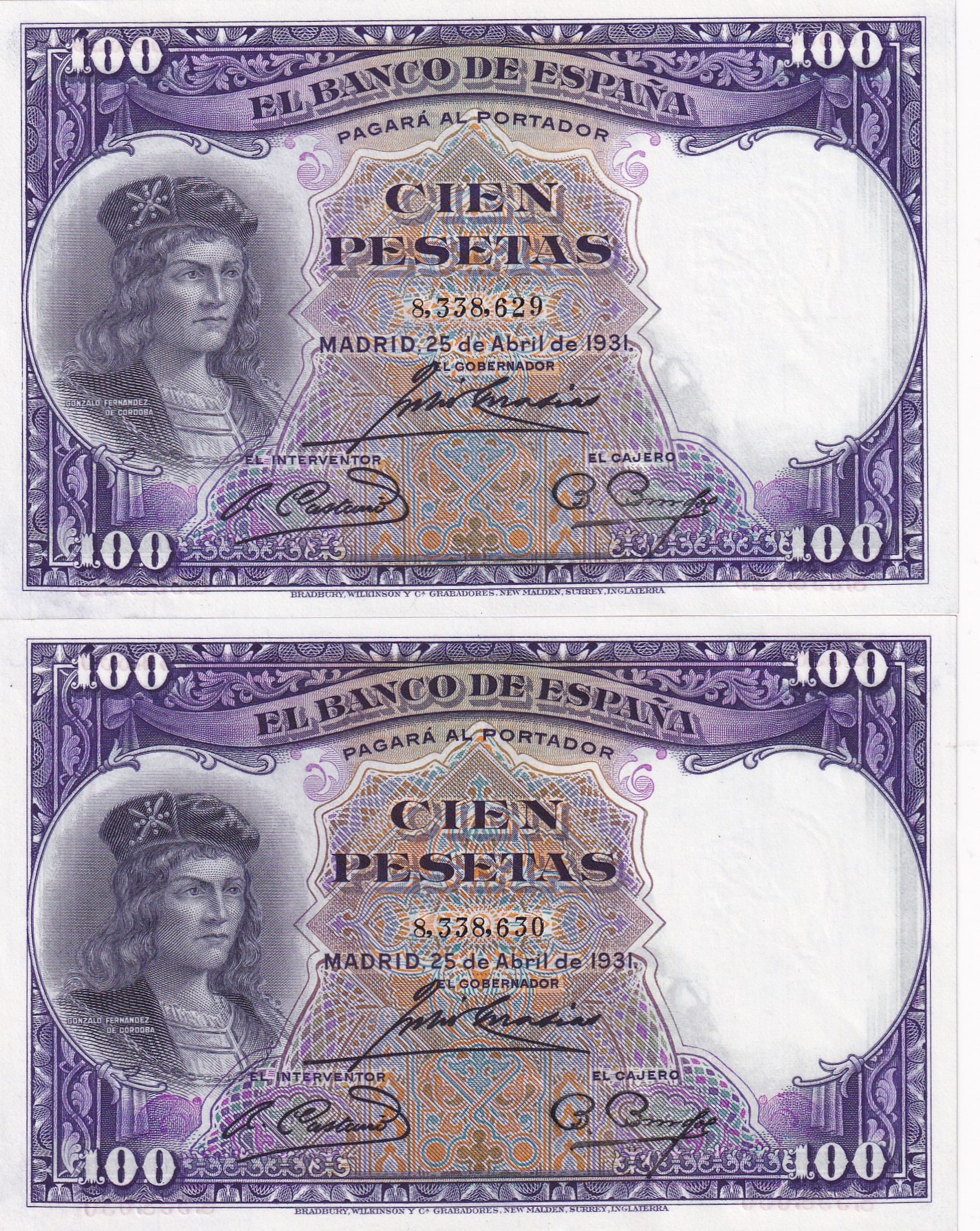 CRBS3154 CRBS3154 PAREJA CORRELATIVA BILLETES ESPAÑA 100 PESETAS 1931 SIN SERIE S/C - Imagen 1