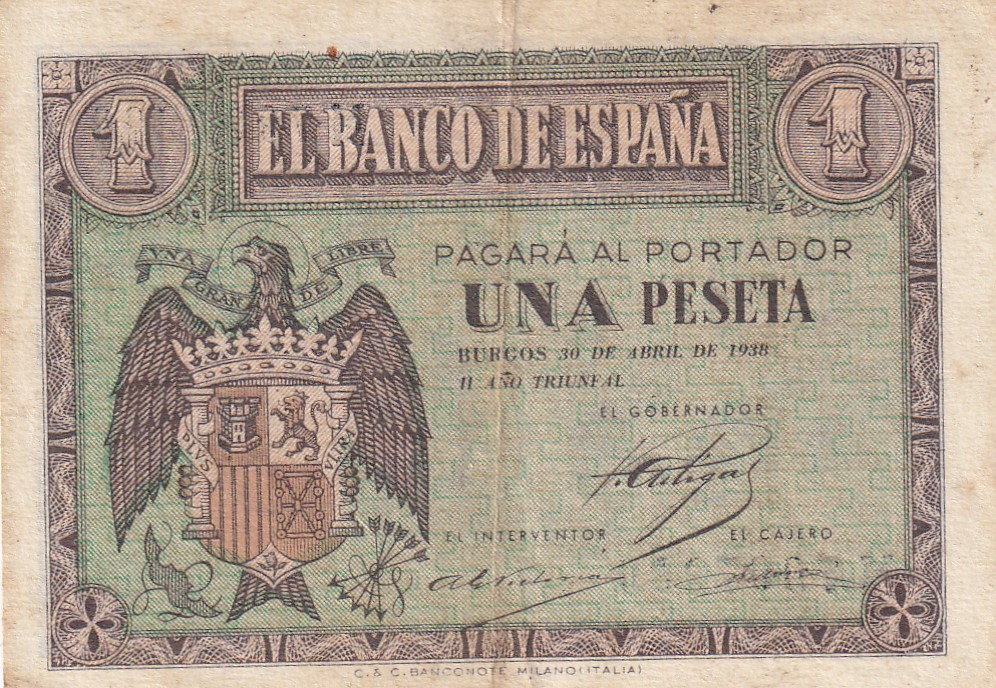 CRBS3169 CRBS3169 BILLETE ESPAÑA 1 PESETA 1938 ABRIL SERIE M MBC+ - Imagen 1