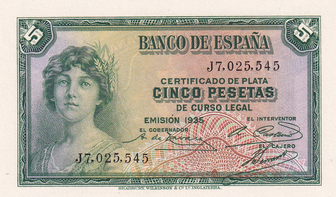 CRBS3193 CRBS3193 BILLETE ESPAÑA 5 PESETAS EMISION 1935 SERIE J S/C - Imagen 1