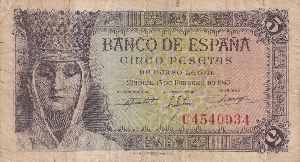 CRBS3205 CRBS3205 BILLETE ESPAÑA 5 PESETAS 1943 SERIE C BC - Imagen 1