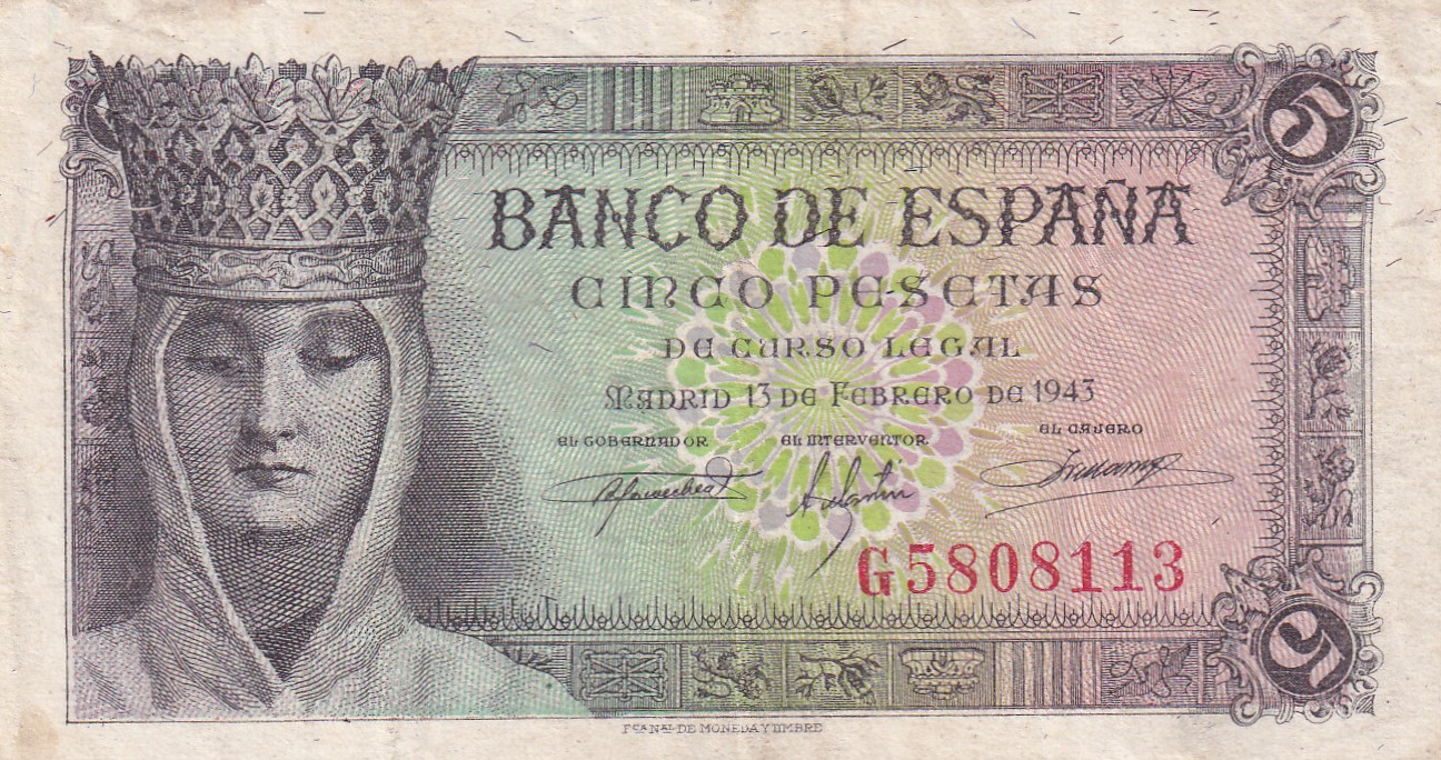 CRBS3207 CRBS3207 BILLETE ESPAÑA 5 PESETAS 1943 SERIE G MBC+ - Imagen 1