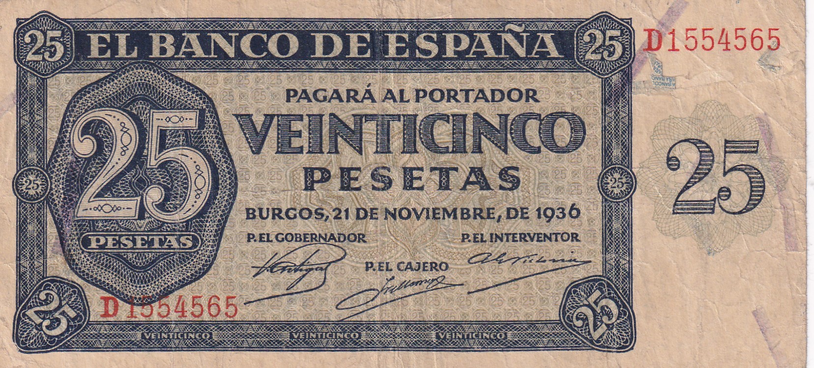 CRBS3223 CRBS3223 BILLETE ESPAÑA 25 PESETAS 1936 SERIE D MBC - Imagen 1