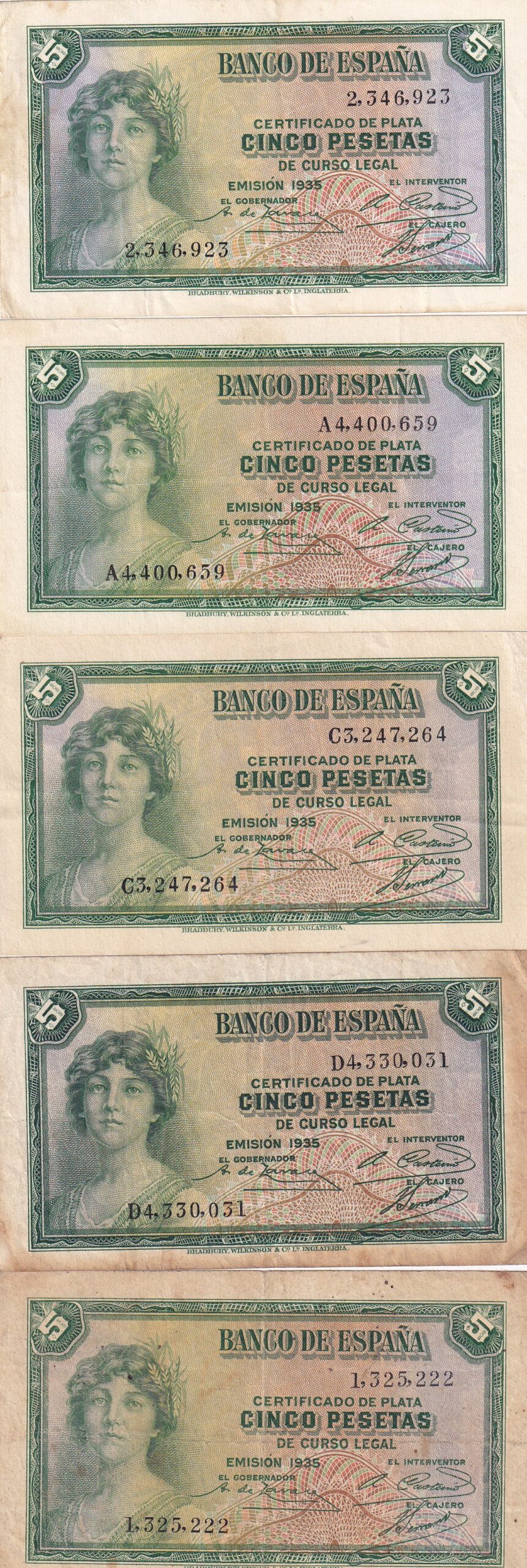 CRBS3253 CRBS3253 LOTE 5 BILLETES ESPAÑA 5 PESETAS SERIES DIFERENTES MBC - Imagen 1