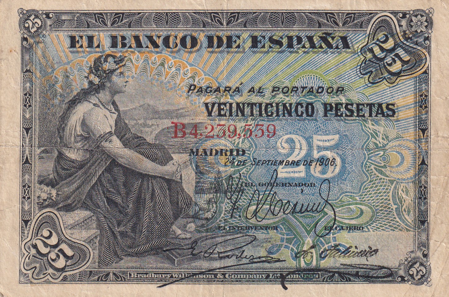CRBS3256 CRBS3256 BILLETE ESPAÑA 25 PESETAS 1906 SERIE B MBC - Imagen 1