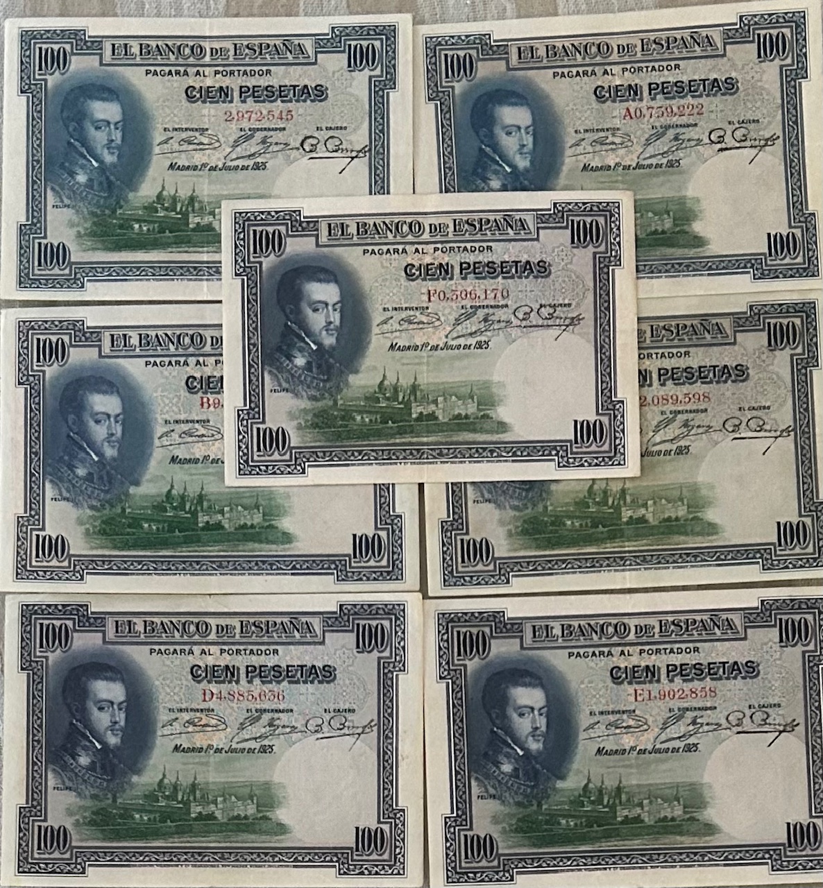 CRBS3272 CRBS3272 LOTE 7 BILLETES ESPAÑA 100 PESETAS 1925 TODAS LA SERIES MBC/EBC - Imagen 1