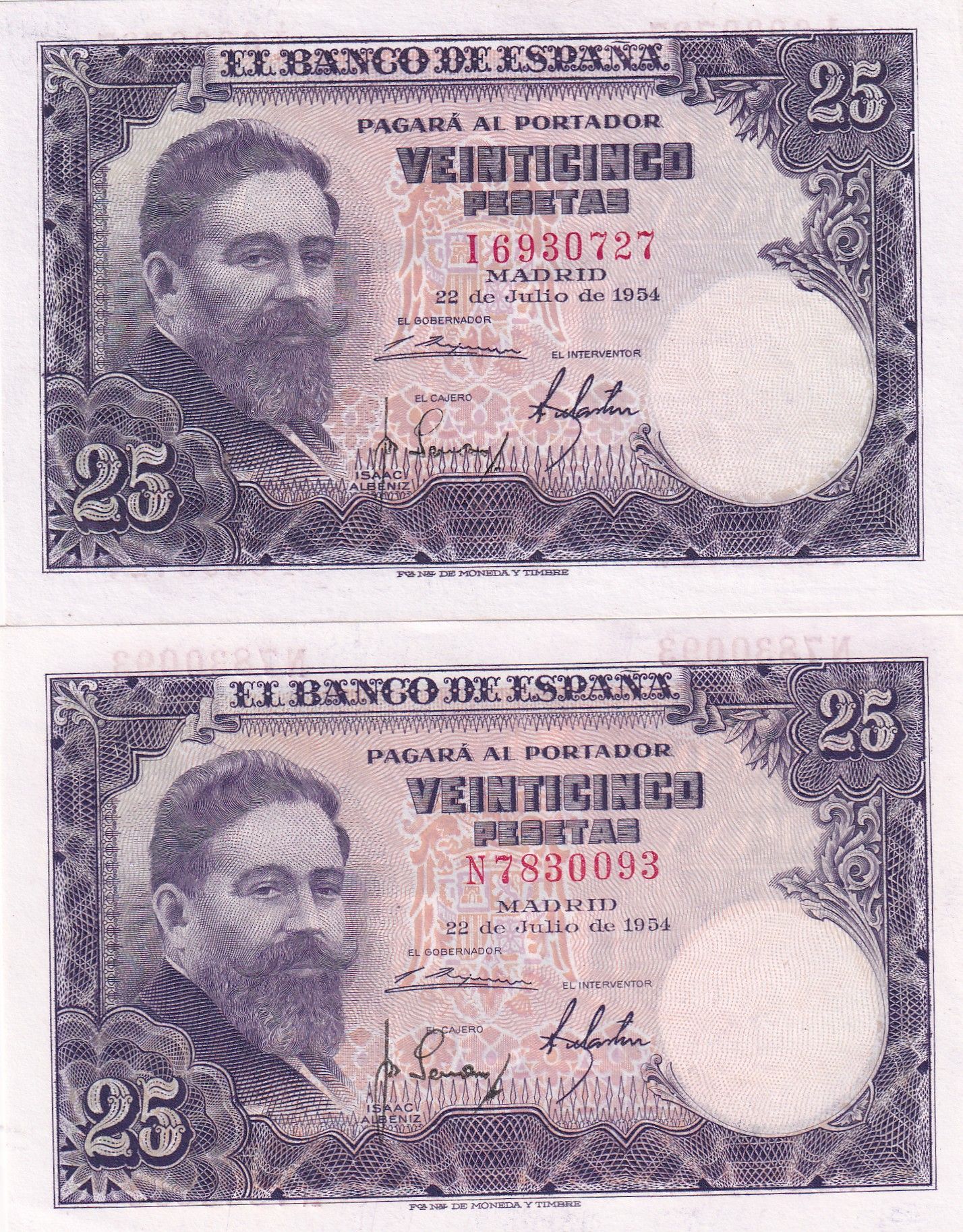 CRBS3329 CRBS3329 LOTE DE 2 BILLETES ESPAÑA 25 PESETAS 1954 SERIES I-N S/C - Imagen 1