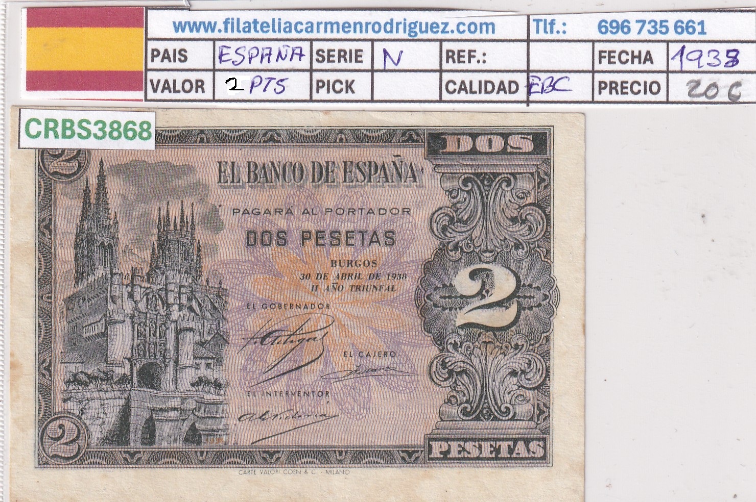 CRBS3868 CRBS3868 BILLETE ESPAÑA 2 PESETAS 1938 SERIE N EBC - Imagen 1