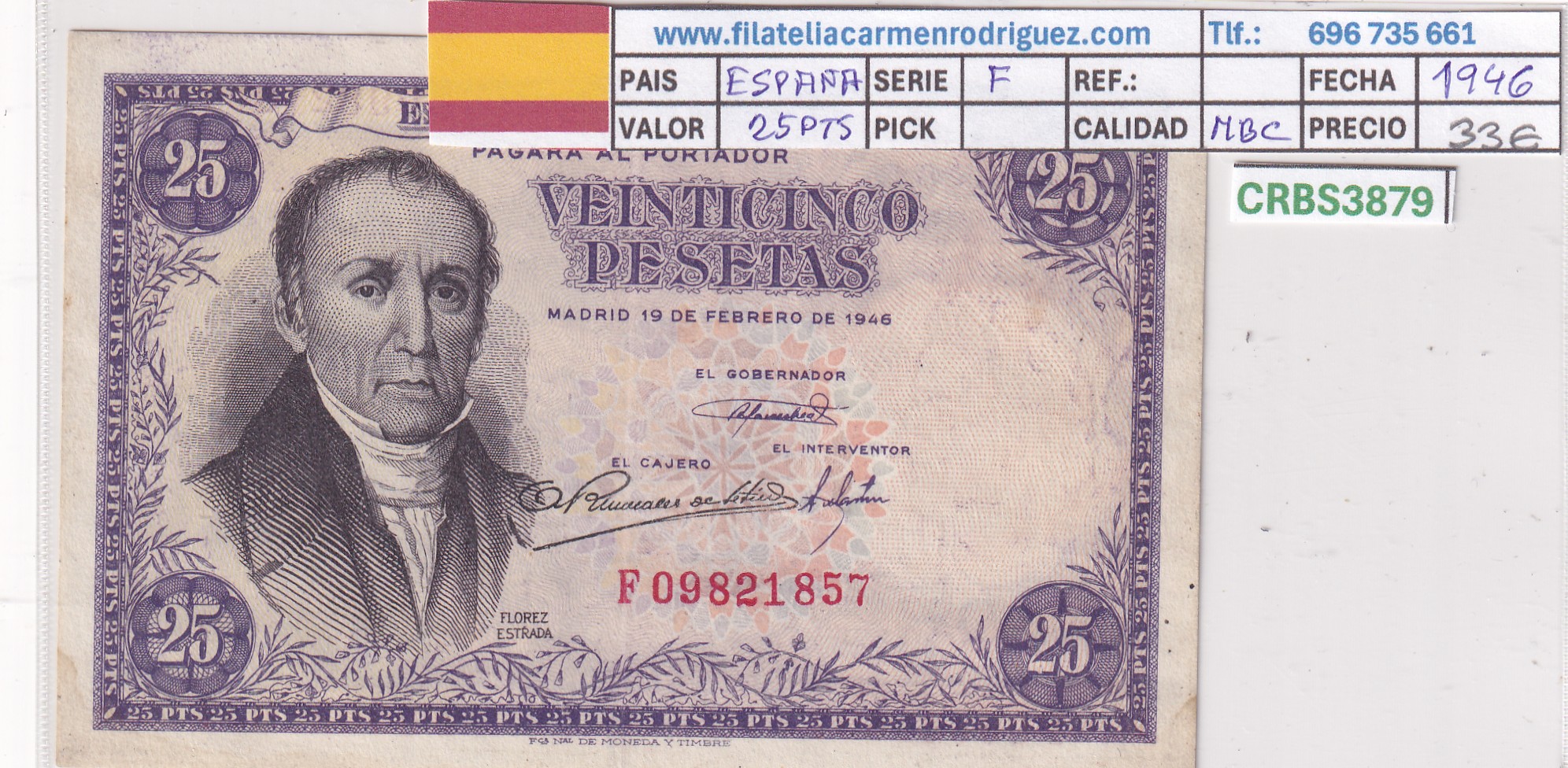 CRBS3879 CRBS3879 BILLETE ESPAÑA 25 PESETAS 1946 SERIE F MBC - Imagen 1