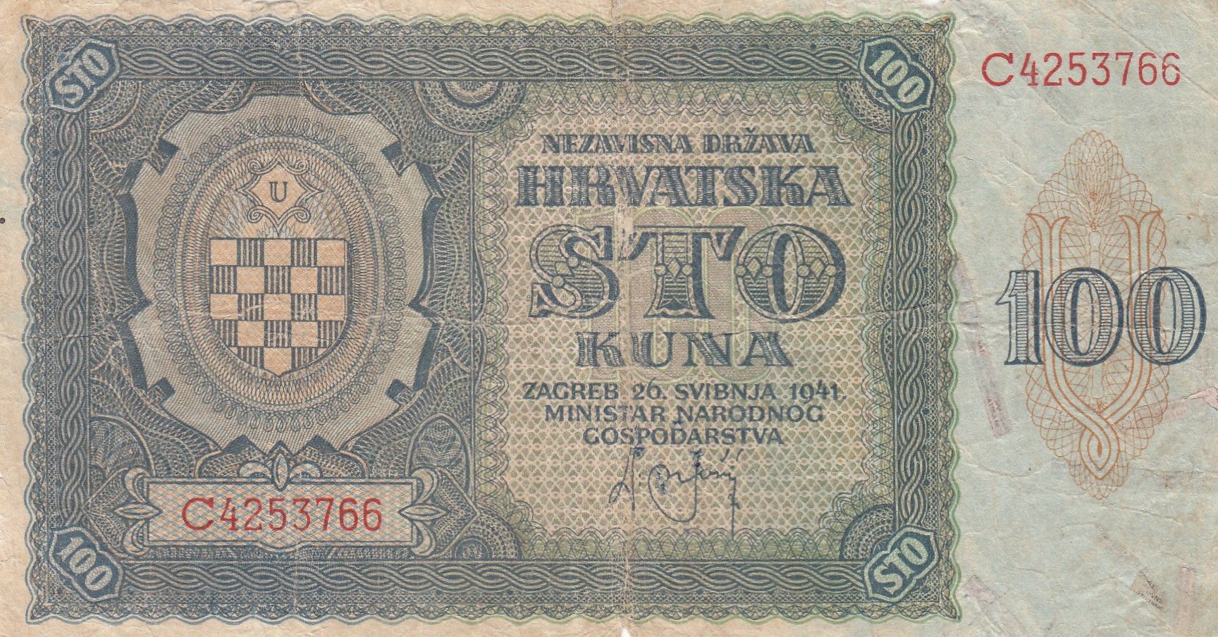 CRBX1358 CRBX1358 BILLETE CROACIA 100 KUNA 1941 USADO - Imagen 1