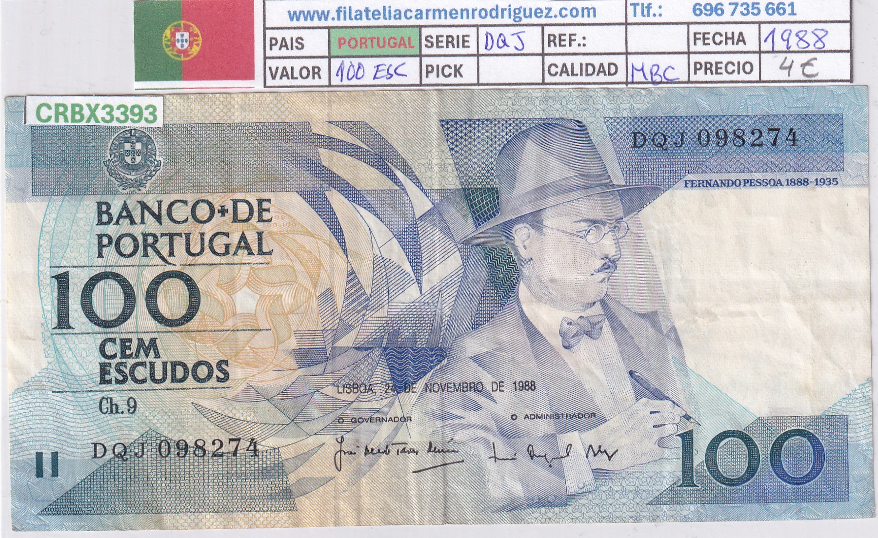 CRBX3393 CRBX3393 BILLETE PORTUGAL 100 ESCUDOS 1988 MBC - Imagen 1
