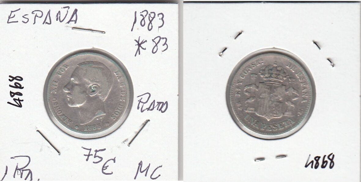 E4868 E4868 MONEDA ESPAÑA ALFONSO XII 1 PESETA PLATA 1883 ESTRELLA 83 MC - Imagen 1