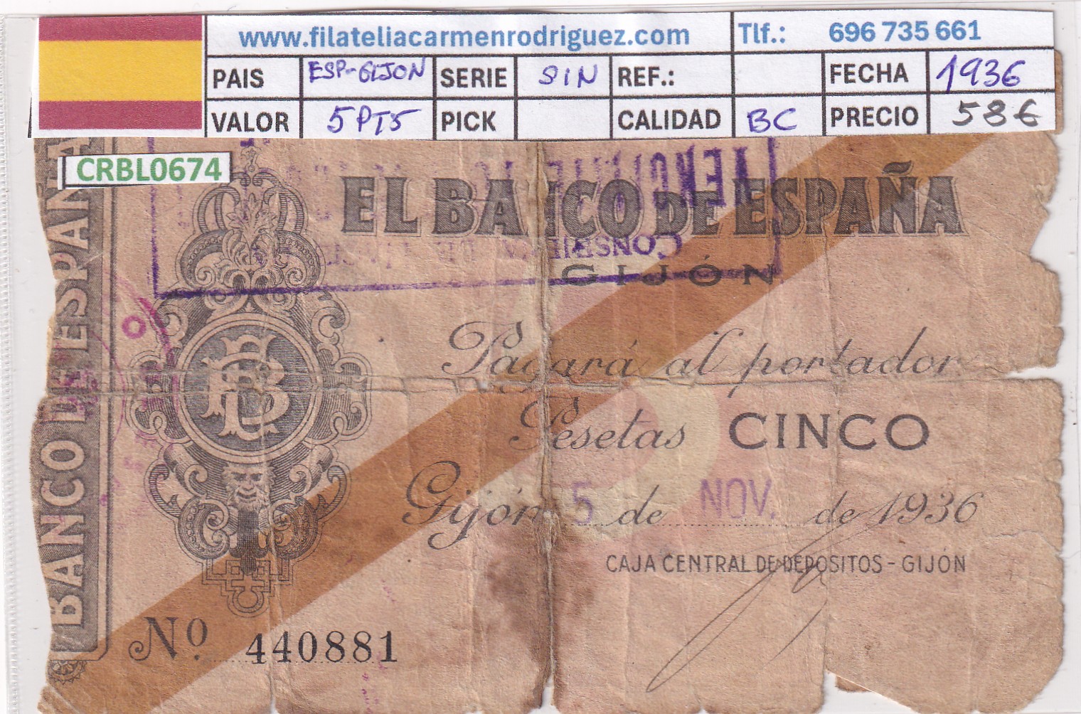 CRBL0674 CRBL0674 BILLETE ESPAÑA LOCAL GIJON 5 PESETAS 1936 SIN SERIE USADO CON FIXO - Imagen 1