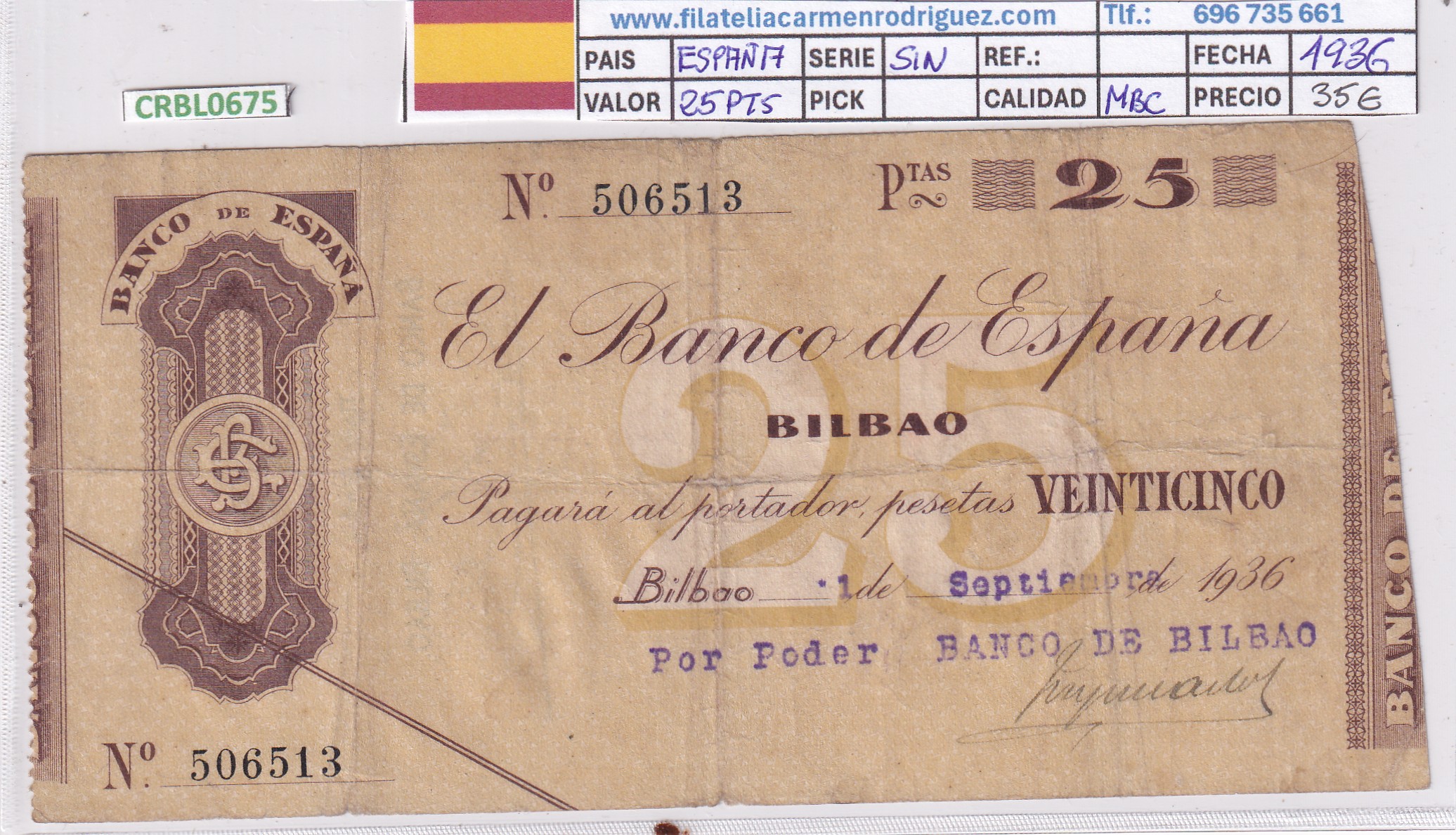 CRBL0675 CRBL0675 BILLETE ESPAÑA LOCAL BILBAO 25 PESETAS 1936 SIN SERIE MBC - Imagen 1