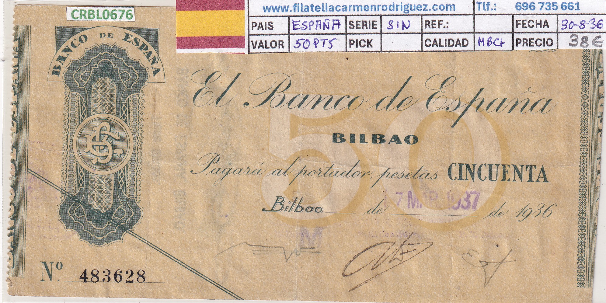 CRBL0676 CRBL0676 BILLETE ESPAÑA LOCAL BILBAO 50 PESETAS 1936 SIN SERIE MBC+ - Imagen 1