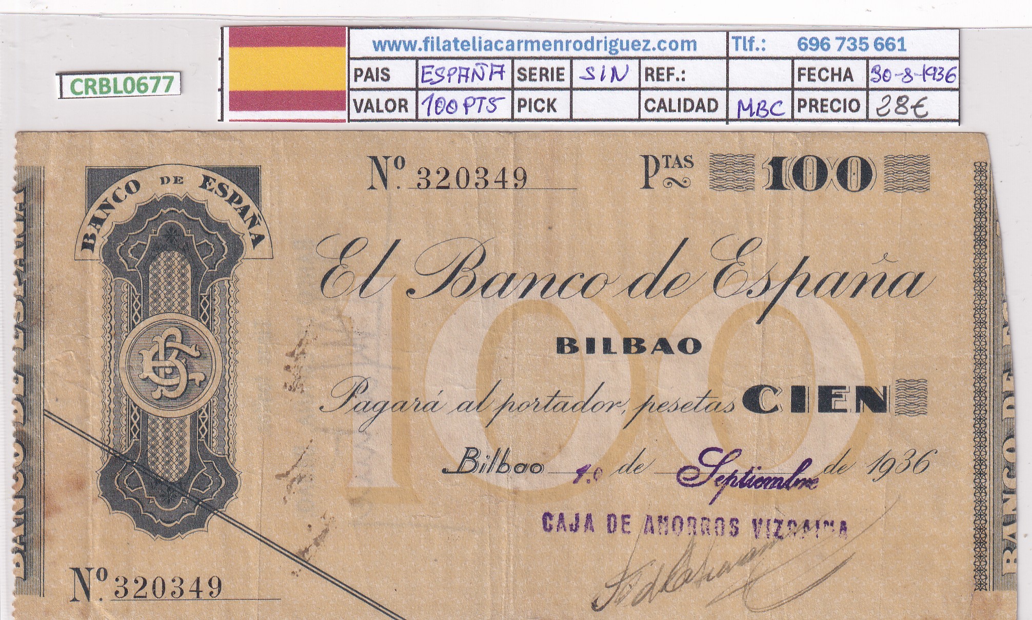 CRBL0677 CRBL0677 BILLETE ESPAÑA LOCAL BILBAO 100 PESETAS 1936 SIN SERIE MBC - Imagen 1