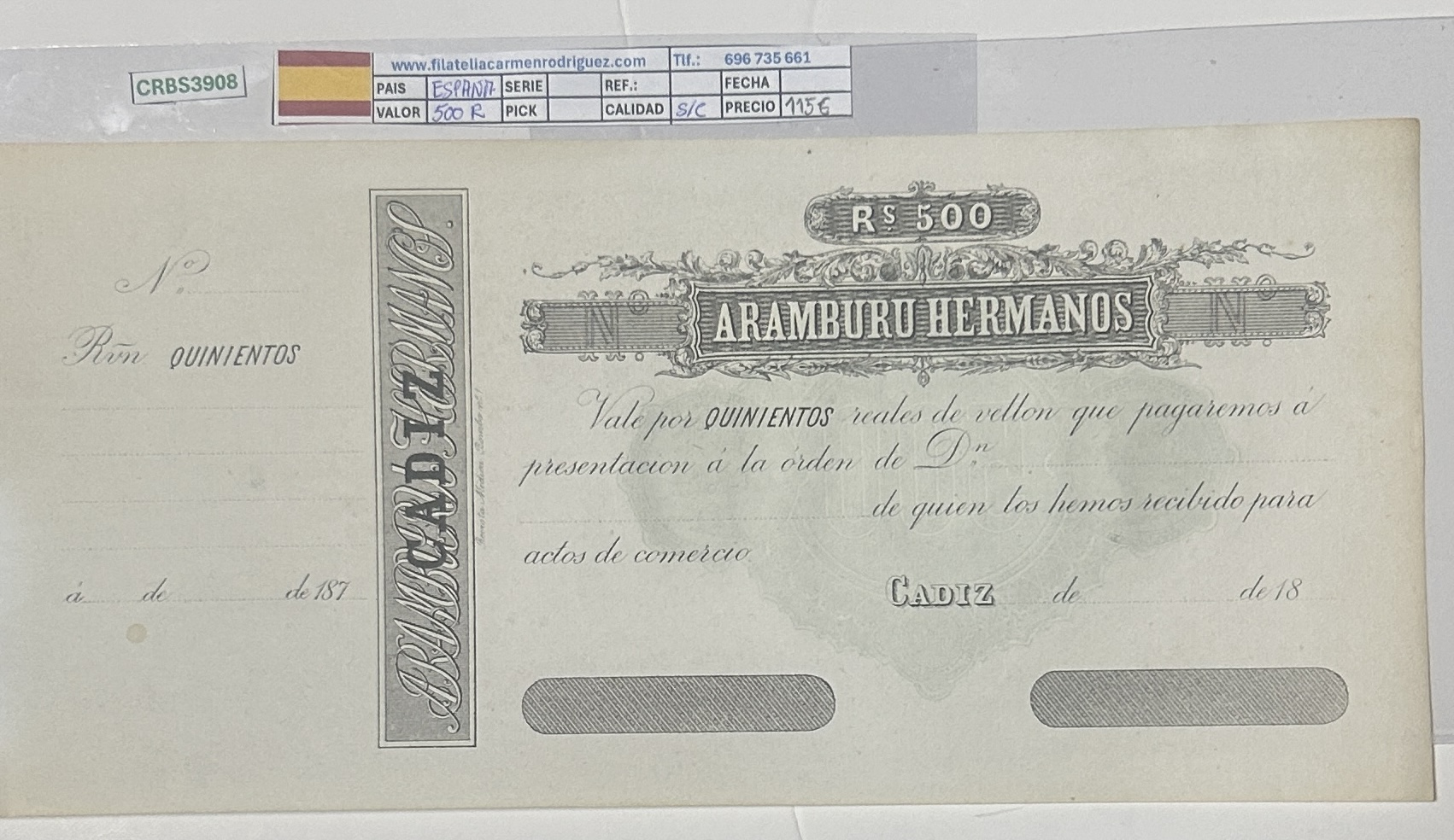 CRBS3908 CRBS3908 BILLETE ESPAÑA VALE ESPAÑA CADIZ 500 REALES 187? SIN CIRCULAR - Imagen 1