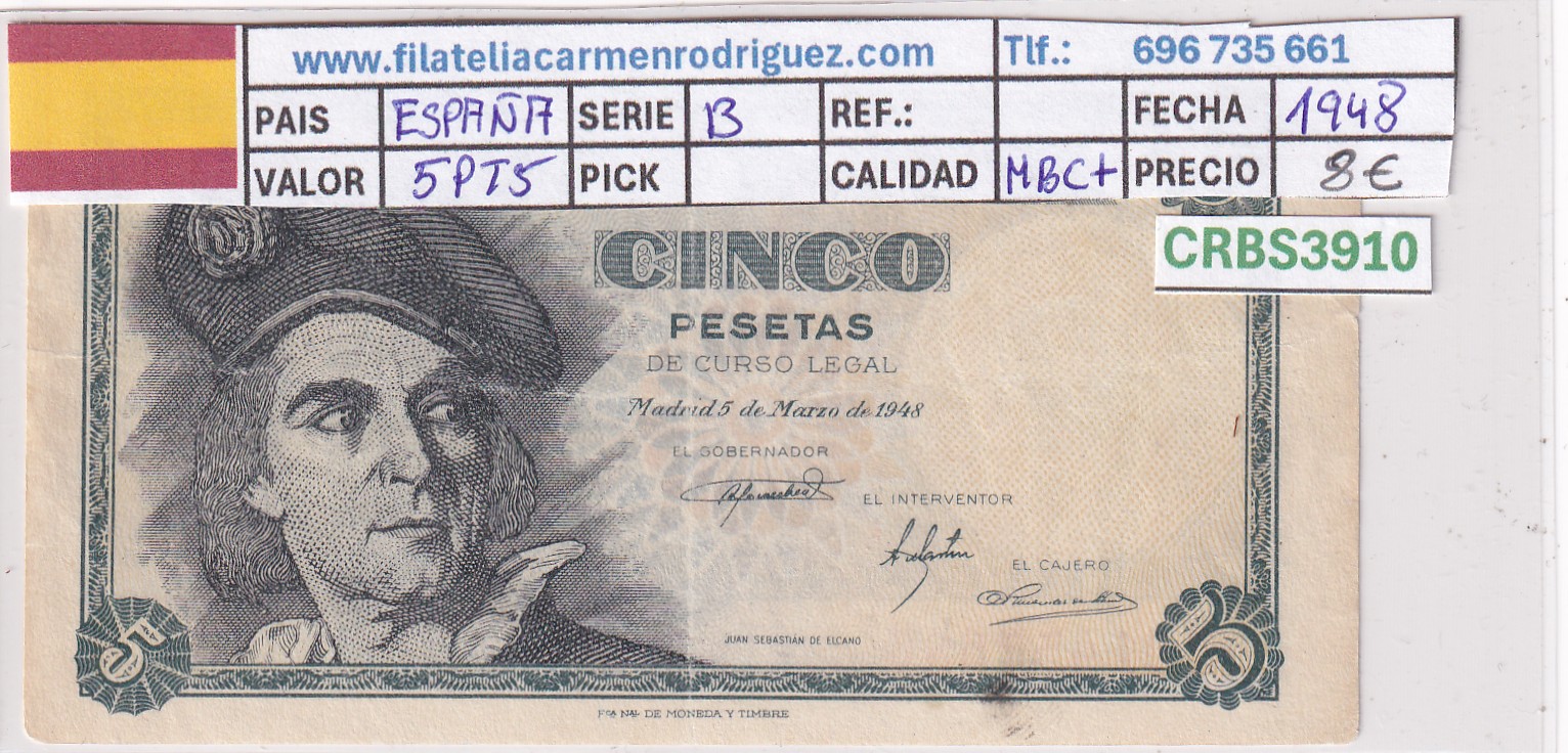 CRBS3910 CRBS3910 BILLETE ESPAÑA 5 PESETAS 1948 SERIE B MBC+ - Imagen 1