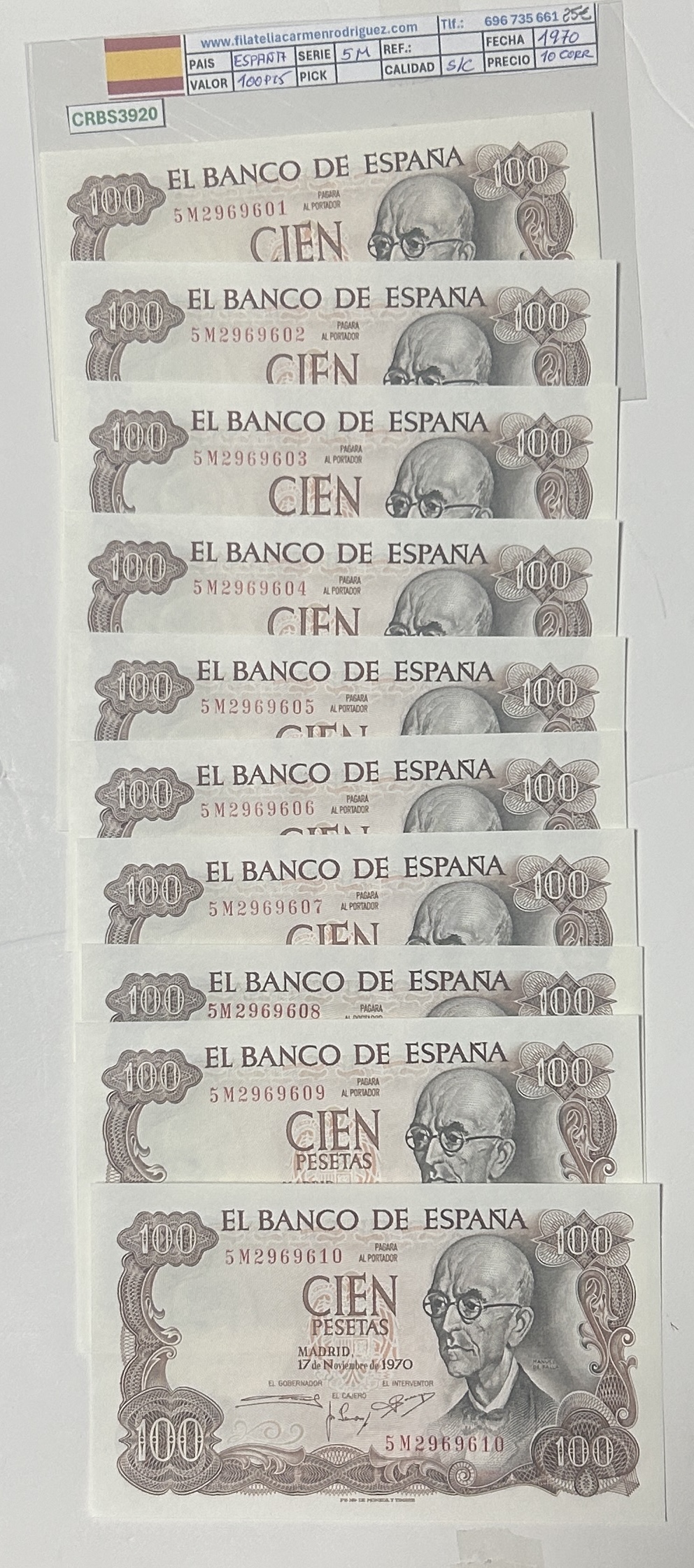 CRBS3920 CRBS3920 LOTE 10 BILLETES ESPAÑA 100 PESETAS 1970 SERIE 5M SIN CIRCULAR - Imagen 1