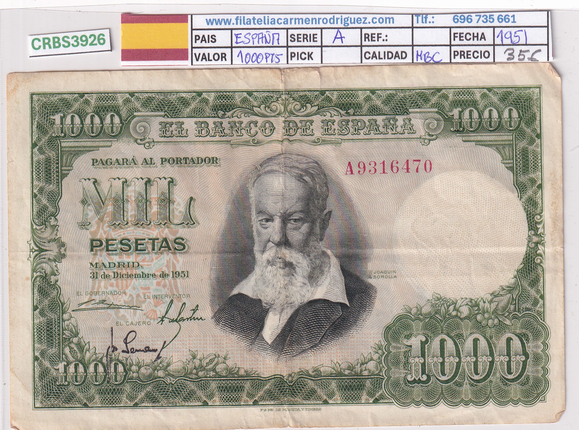 CRBS3926 CRBS3926 BILLETE ESPAÑA 1000 PESETAS 1951 SERIE A MBC - Imagen 1