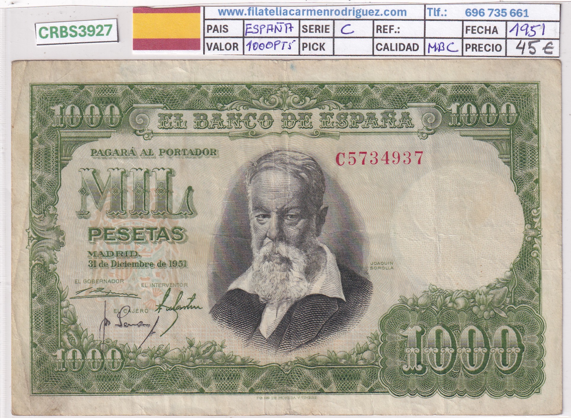 CRBS3927 CRBS3927 BILLETE ESPAÑA 1000 PESETAS 1951 SERIE C MBC - Imagen 1