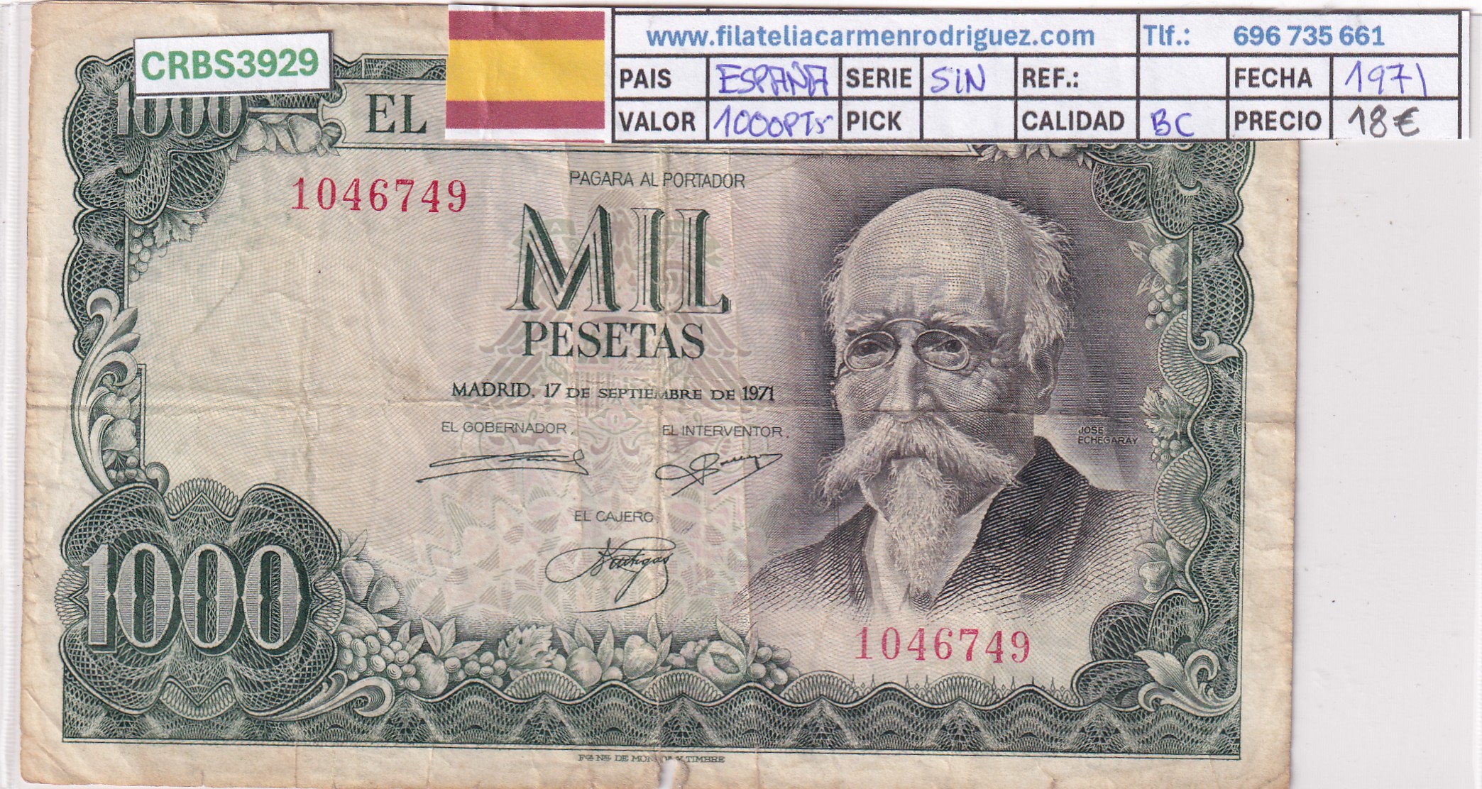 CRBS3929 CRBS3929 BILLETE ESPAÑA 1000 PESETAS 1971 SIN SERIE BC - Imagen 1