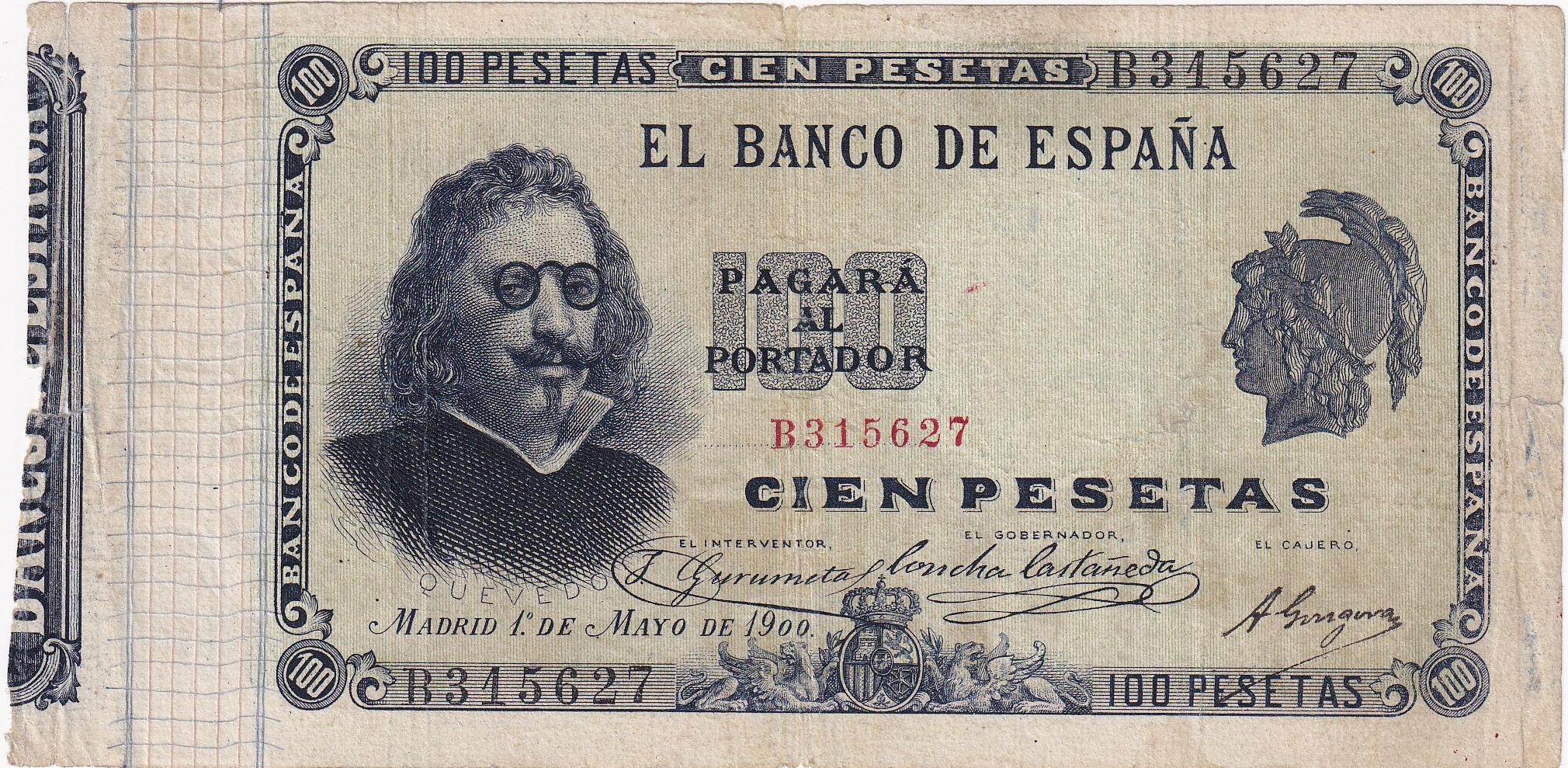 CRBS3942 CRBS3942 BILLETE CLASICO ESPAÑA 100 PESETAS 1900 SIN RESTAURAR MBC CON PEQUEÑA ROTURA - Imagen 1