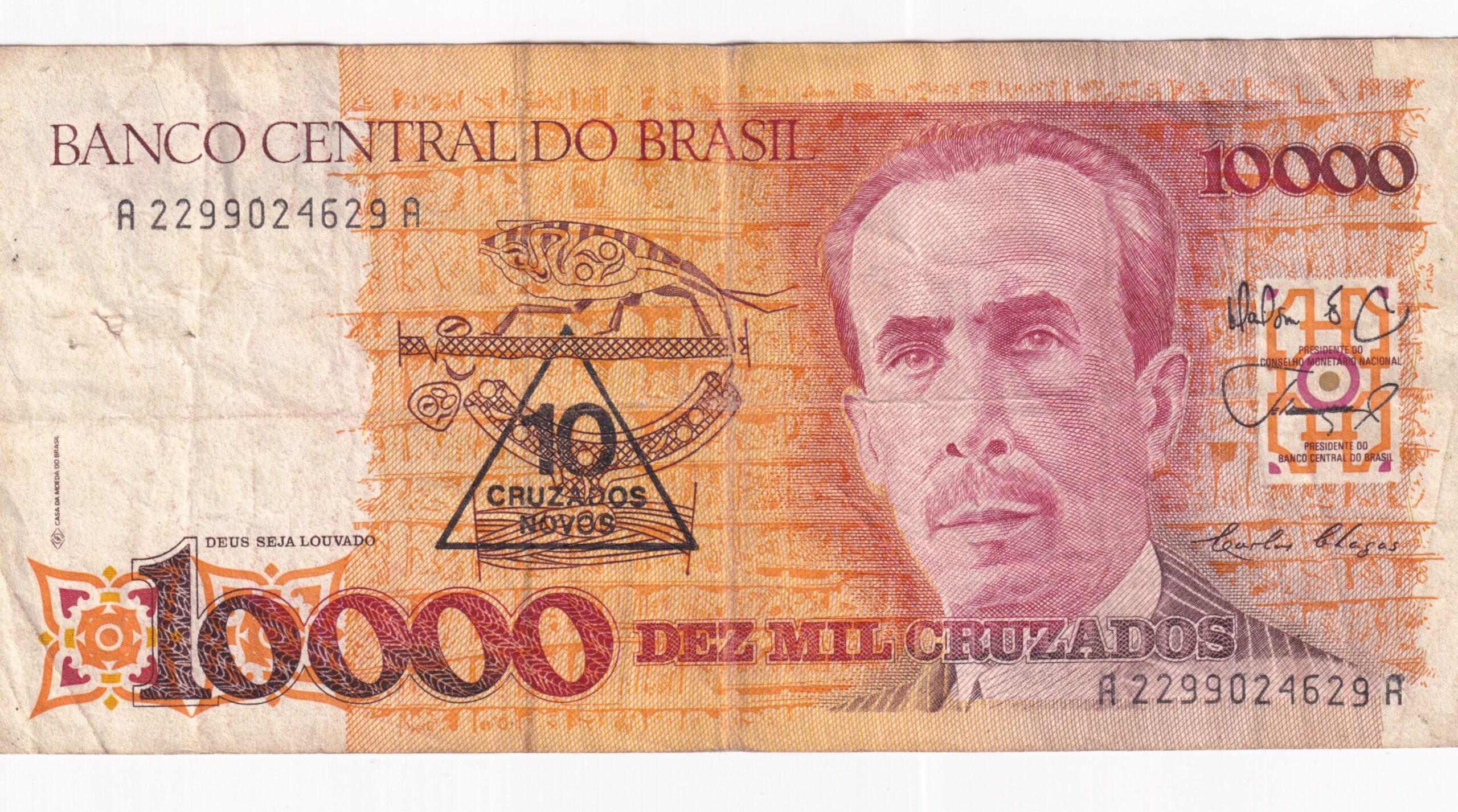 CRBX1088-1.jpg CRBX1088 BILLETE BRASIL 10000 CRUZEIROS CON RESELLO 10 C.N. USADO - Imagen 1