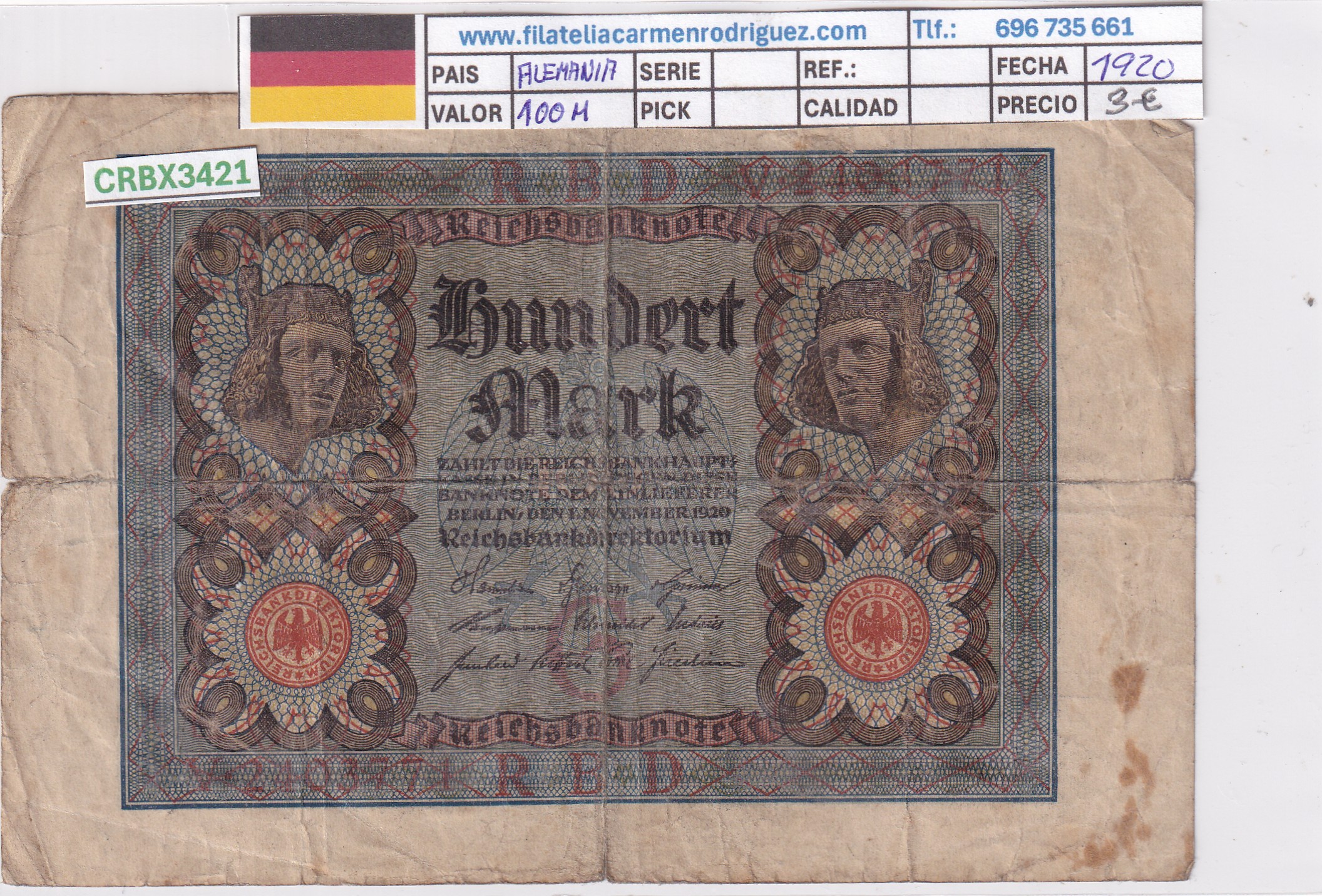 CRBX3421 CRBX3421 BILLETE ALEMANIA 100 MARCOS 1920 SERIE V MC - Imagen 1