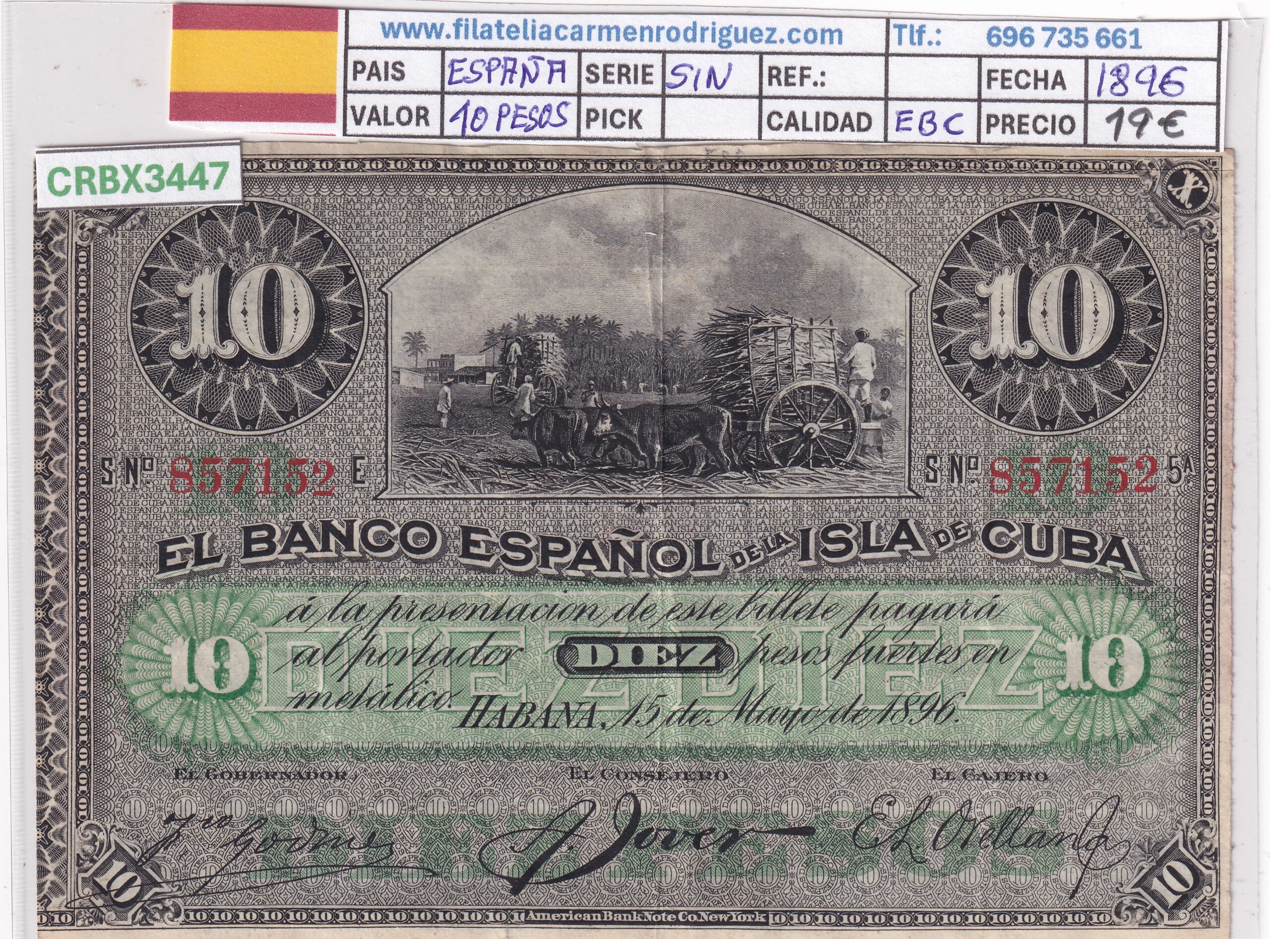 CRBX3447-1.jpg CRBX3447 BILLETE CUBA ESPAÑOL 10 PESOS 1896 SIN SERIE EBC - Imagen 1