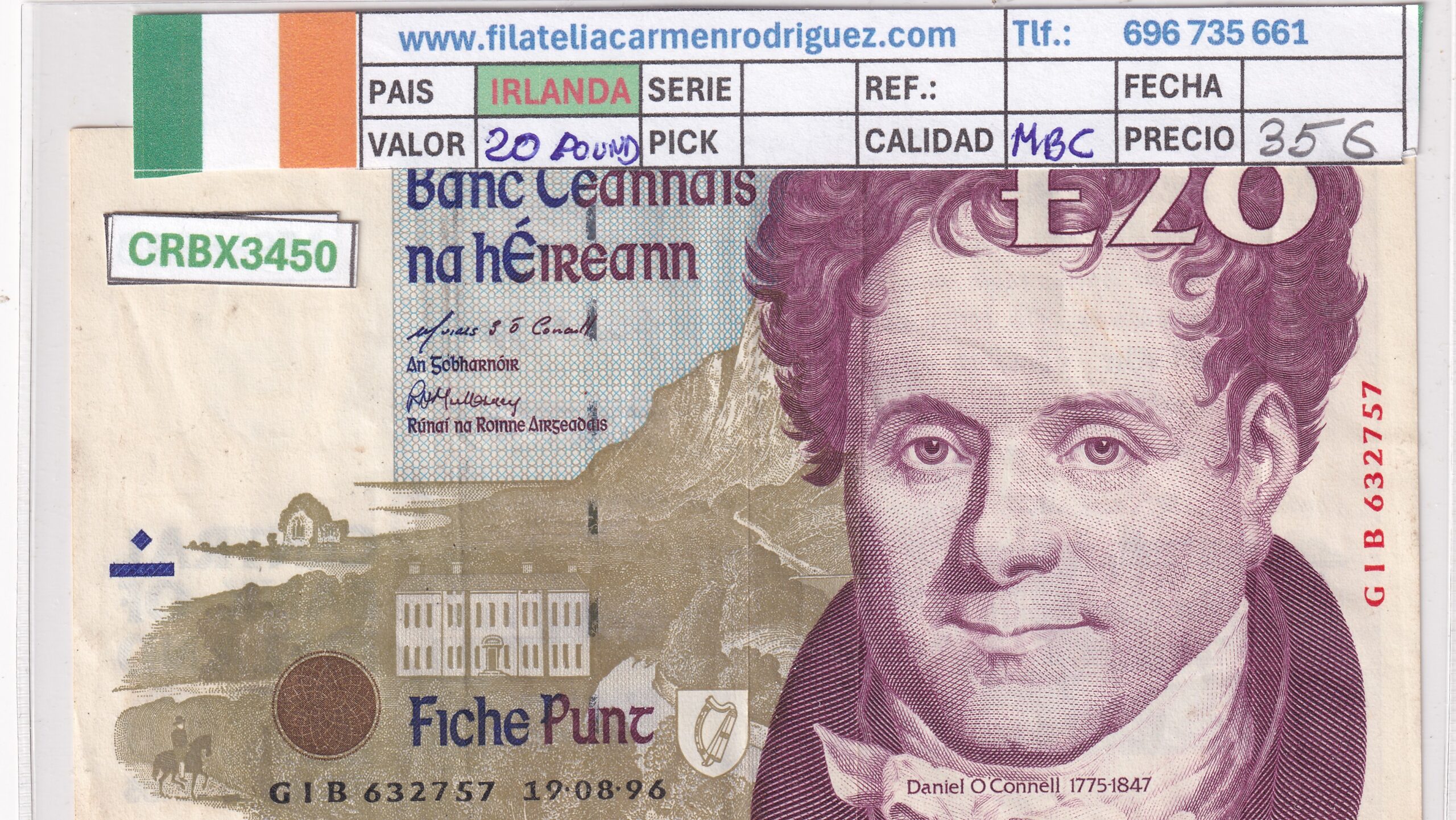 CRBX3450-1.jpg CRBX3450 BILLETE IRLANDA 20 POUND 1996 SERIE GIB MBC - Imagen 1