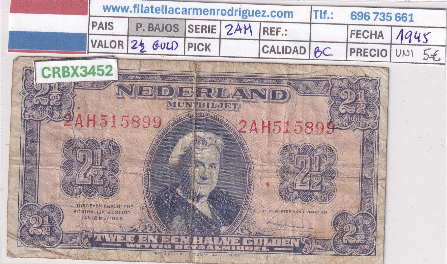 CRBX3452 CRBX3452 BILLETE PAISES BAJOS 2,5 GULDEN 1945 BC - Imagen 1
