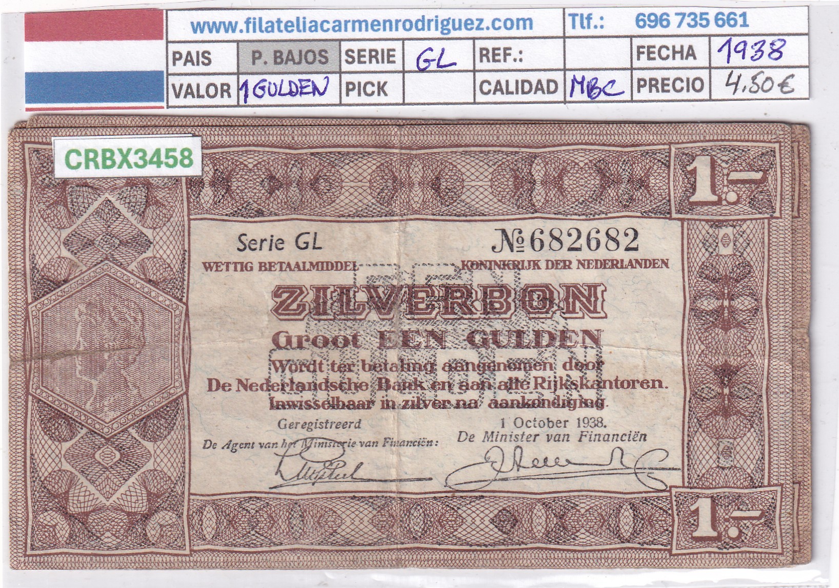 CRBX3458 CRBX3458 BILLETE PAISES BAJOS 1 GULDEN 1938 SERIE GL MBC - Imagen 1