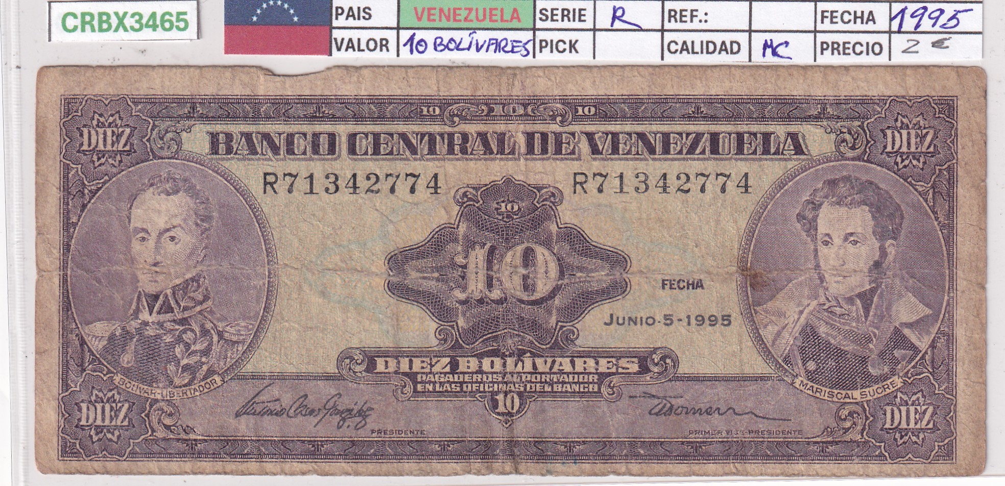 CRBX3465 CRBX3465 BILLETE VENEZUELA 10 BOLIVARES 1995 SERIE R MC - Imagen 1