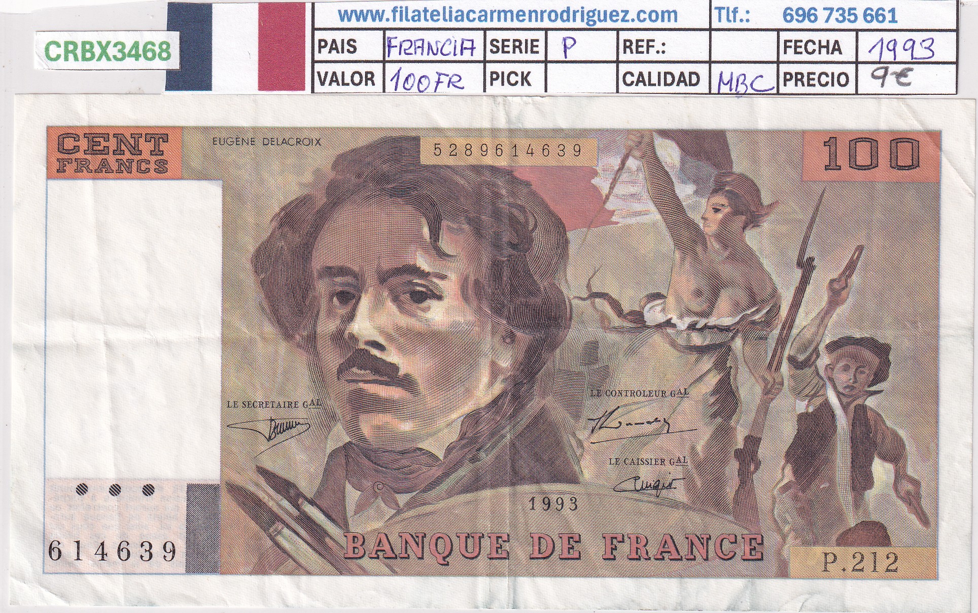 CRBX3468 CRBX3468 BILLETE FRANCIA 100 FRANCOS 1993 SERIE P MBC - Imagen 1