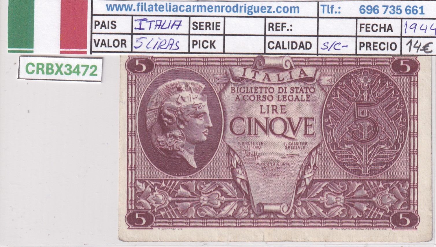CRBX3472 CRBX3472 BILLETE ITALIA 5 LIRAS 1944 S/C- - Imagen 1