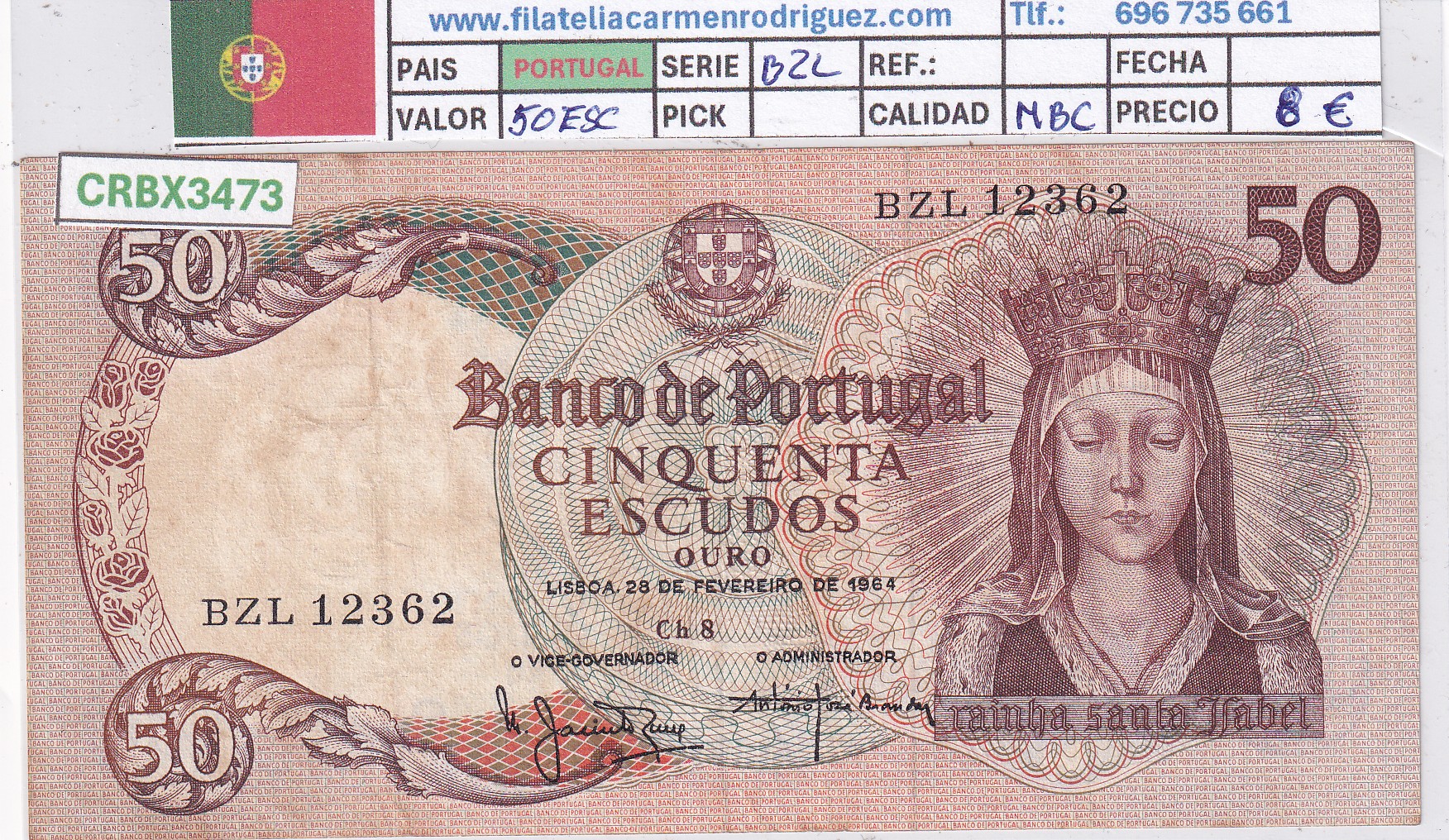CRBX3473 CRBX3473 BILLETE PORTUGAL 50 ESCUDOS 1964 SERIE BZL MBC - Imagen 1