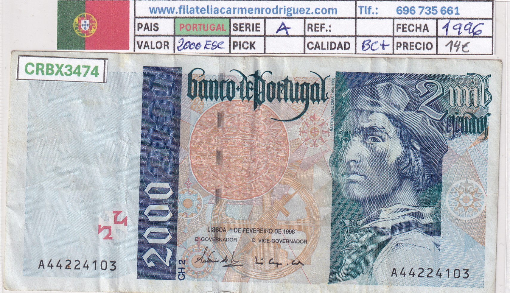 CRBX3474 CRBX3474 BILLETE PORTUGAL 2000 ESCUDOS 1996 SERIE A BC+ - Imagen 1