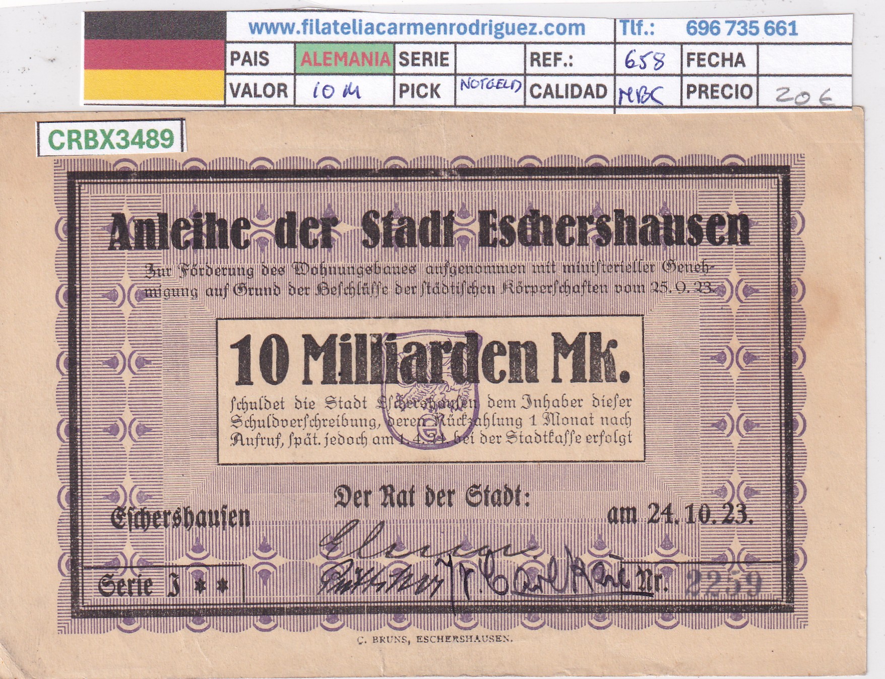CRBX3489 CRBX3489 BILLETE ALEMANIA 10 MILLONES 1923 MBC - Imagen 1