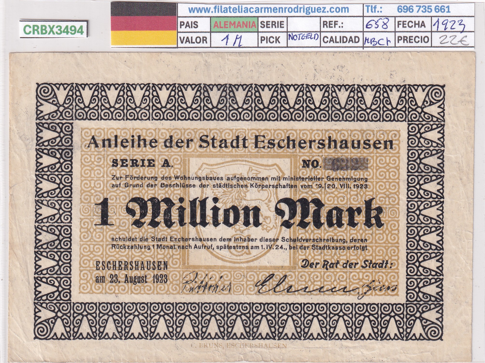 CRBX3494 CRBX3494 BILLETE ALEMANIA 1 MILLON 1923 MBC+ - Imagen 1