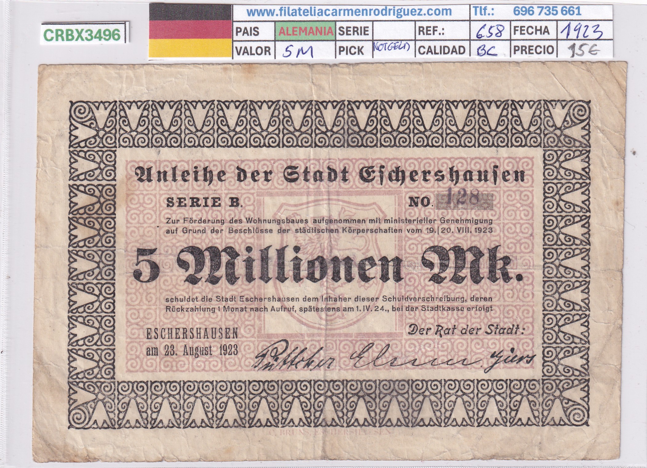 CRBX3496 CRBX3496 BILLETE ALEMANIA 5 MILLONES 1923 BC - Imagen 1