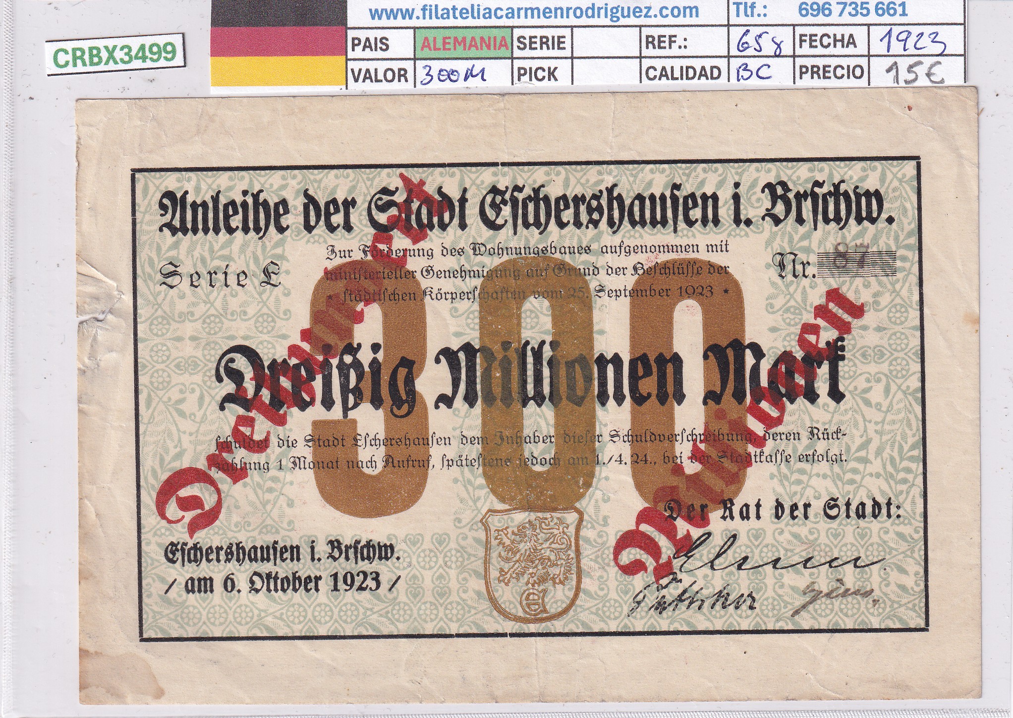 CRBX3499 CRBX3499 BILLETE ALEMANIA 300 MILLONES 1923 BC - Imagen 1