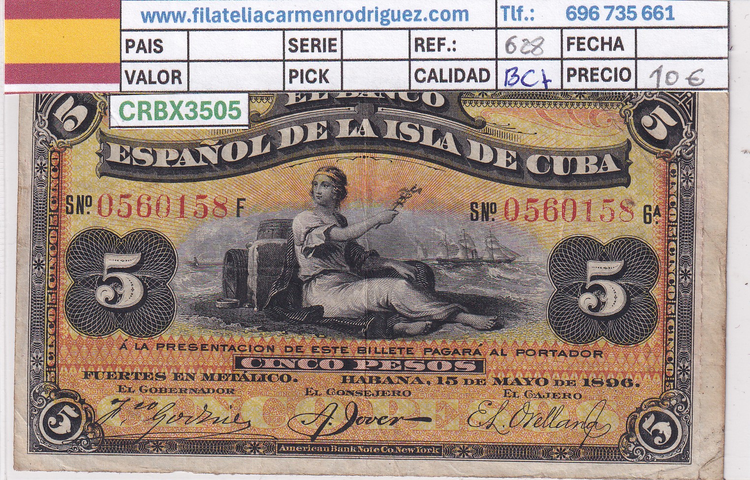 CRBX3505 CRBX3505 CUBA ESTADO ESPAÑOL 5 PESOS 1896 BC+ - Imagen 1
