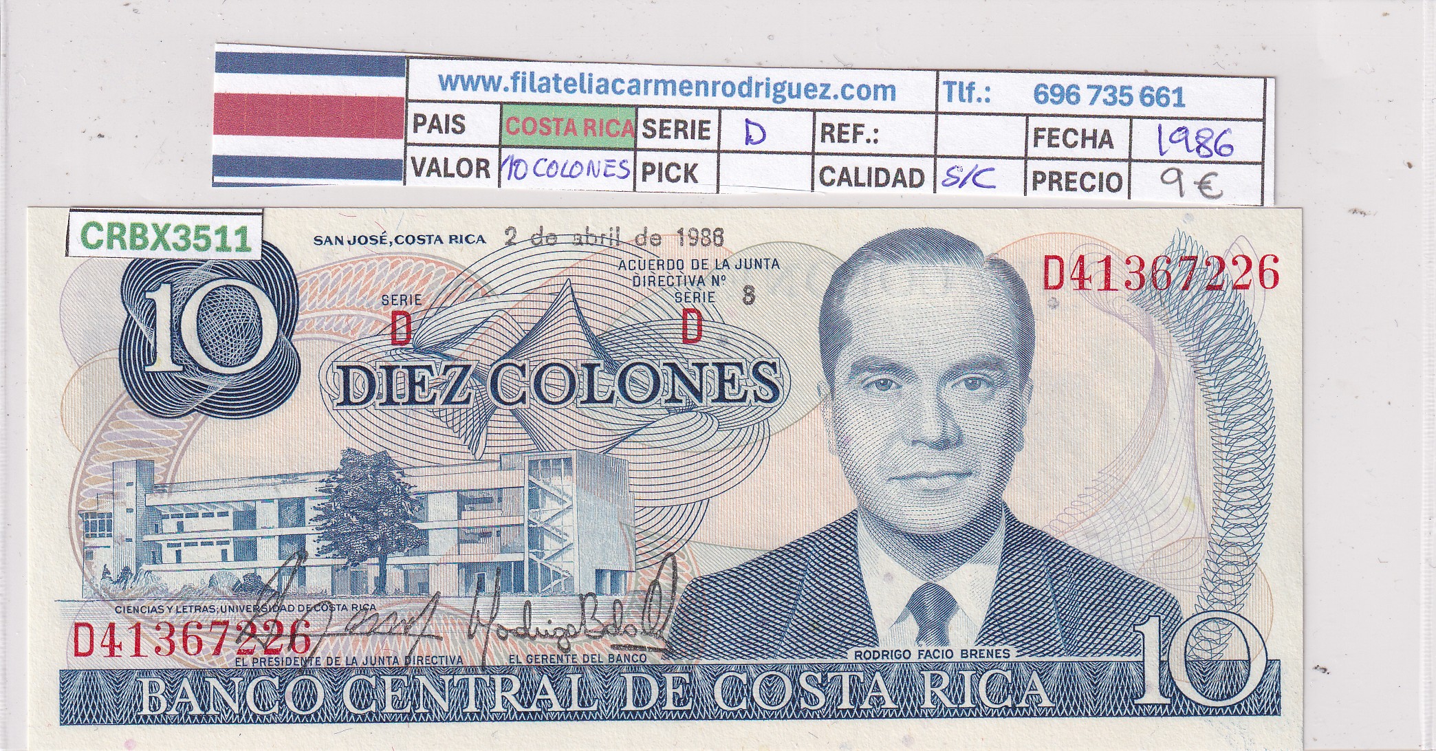 CRBX3511 CRBX3511 BILLETE COSTA RICA 10 COLONES 1986 SERIE D SIN CIRCULAR - Imagen 1