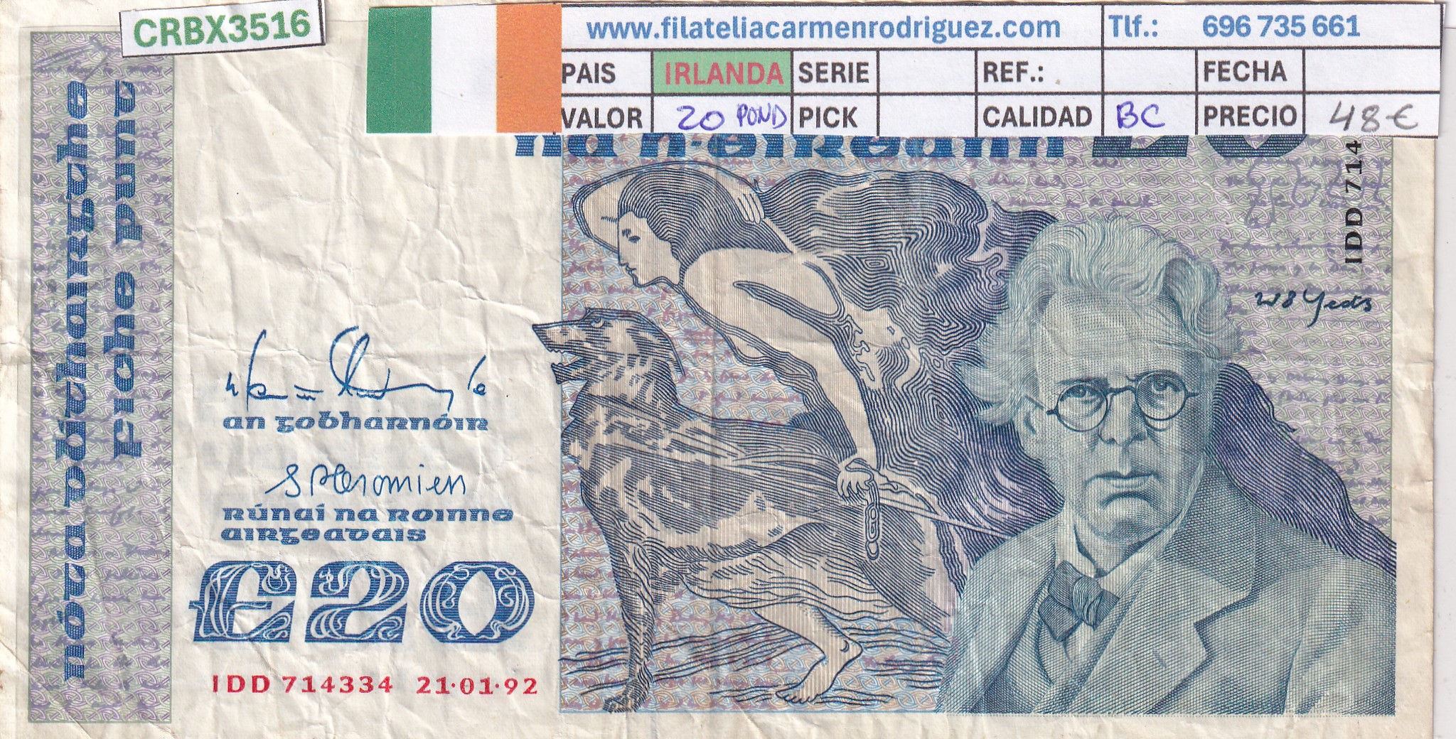 CRBX3516 CRBX3516 BILLETE IRLANDA 20 POUND 1992 SERIE IDD BC - Imagen 1