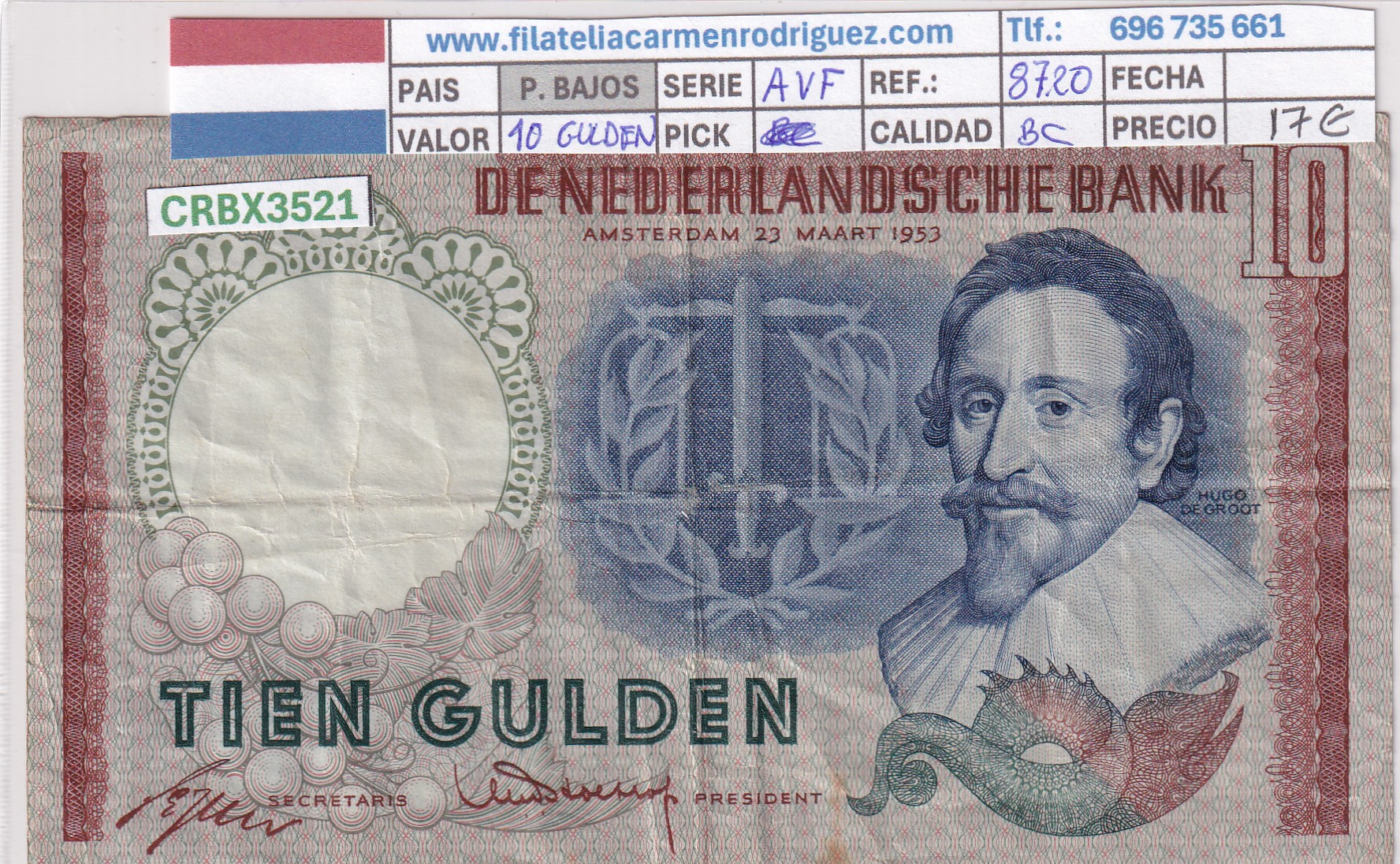 CRBX3521 CRBX3521 BILLETE PAISES BAJOS 10 GULDEN 1953 SERIE ABCVF - Imagen 1